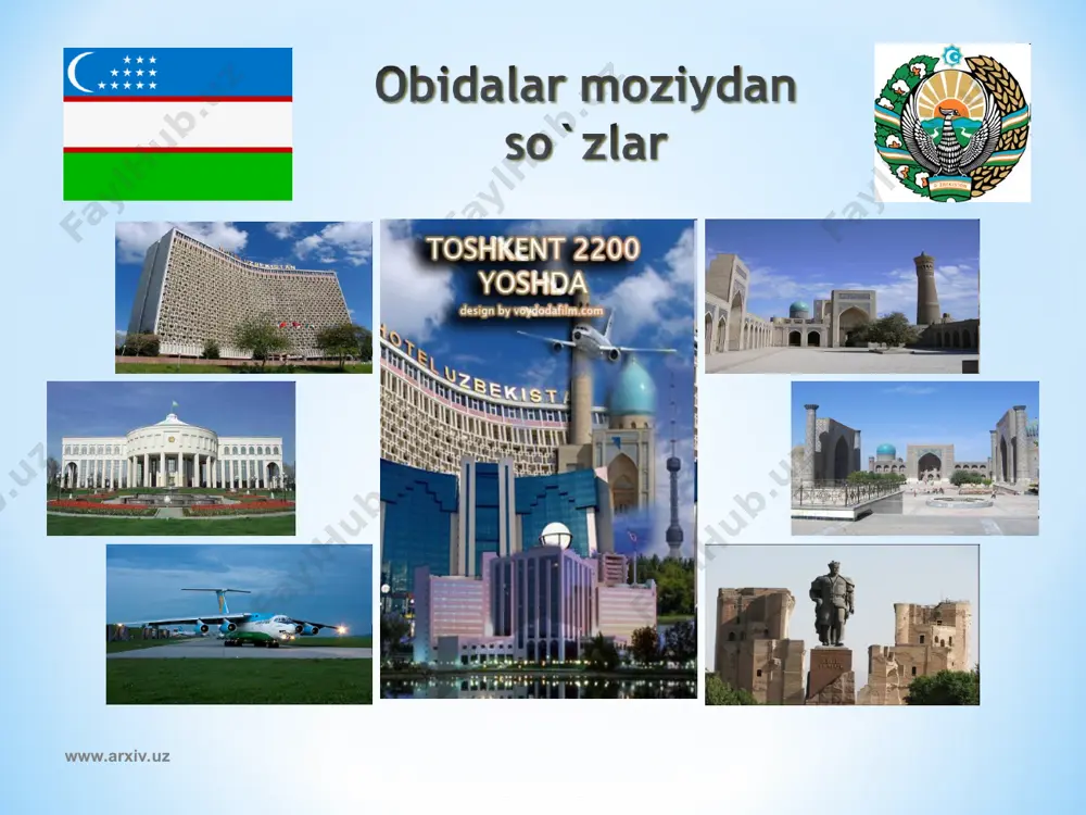 ljallangan savdo markazi. gumbazi arablar bosqiniga qadar qurilgan deb taxmin qilinadi. ulkan gumbaz 8 ta toqiga o`rnatilgan. undagi 16 ta darcha orqali bino ichiga yorug`lik tushib turadi. o`tmishda uning dalonlarida 36 ta zargarlik ustaxonasi va do`konlar bo`lgan. atrofiga savdo rastalari, ombor, karvonsaroylar qurilgan. toqi zargaron buxorodagi toqilarning eng yirigi va mujassamoti jihatdan murakkabi hisoblanadi. www.arxiv.uz www.arxiv.uz buxoro namozgohi – buxorodagi me`moriy yodgorlik. shaharning janubiy chekkasida, qoraxoniylar sulolasining yozgi qarorgohi o`rnida barpo etilgan. (1119-yil) masjid pishiq g`ishdan oddiy qilib qurilgan. atrofi baland devor bilan o`ralgan. xvi asrdagi ta`mir davrida masjid binosiga tutashtirib 3 toqili va ustunli peshayvon qurilgan. tarhi to`g`ri to`rtburchak bo`lib, 3 asosiy xonadan iborat. o`rtadagi murabba tarhli xona yassi gumbaz bilan, yonlaridagi xonalar balxi gumbaz bilan yopilgan. asosiy xonaga peshtoq, yonidagi xonalarga dalon-yo`lakdan kirilgan. peshtoqqa qur`ondan ko`chirilgan oyatlar bitilgan. buxoro namozgohi me`morligida mehrob va uning atrofiga ishlangan koshinkori bezaklar alohida ajralib turadi. unda buxoro me`morligi va bezak san`atining an`analari …