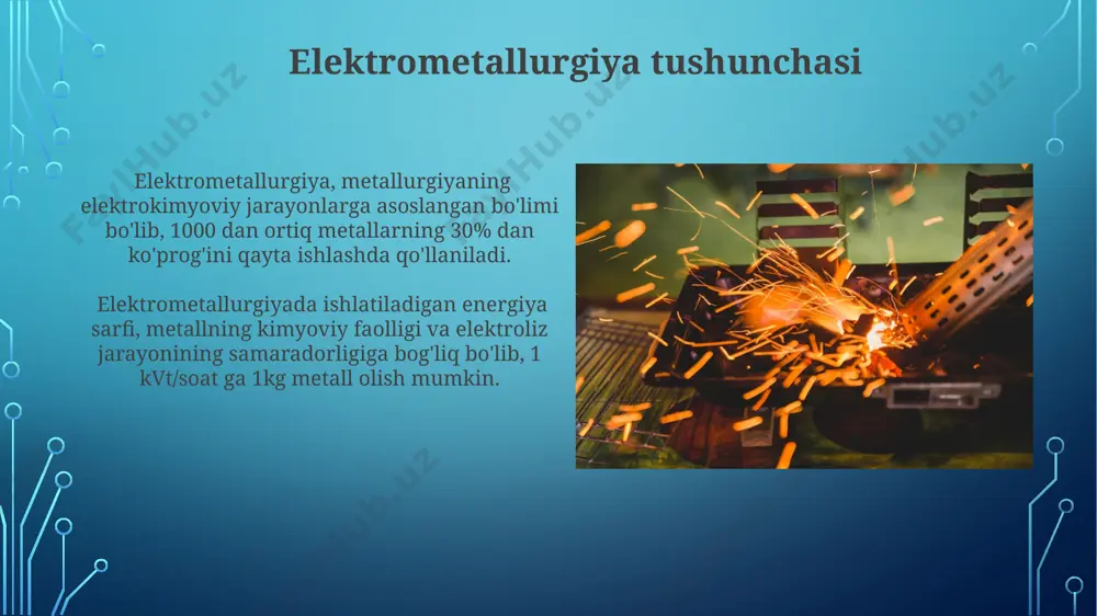 riladi va 3-5 v kuchlanish talab etadi. elektroliz jarayonida metallarning ajralish potentsiali ularning standart elektrod potensiallariga bog'liq bo'lib, masalan, temir (-0,44 v) dan mis (+0,34 v) ga nisbatan ancha past bo'ladi. energetik samaradorlik energiya samaradorligini oshirish maqsadida, qayta tiklanuvchi energiya manbalaridan, masalan, quyosh yoki shamol energiyasidan foydalanish 5-10% ga tejash imkonini beradi. elektrometallurgiya jarayonlarida energiya sarfini kamaytirish uchun 10-15% ga optimallashtirilgan texnologiyalar qo‘llanilishi iqtisodiy samaradorlikni oshiradi. e'tiboringiz uchun rahmat @taqdimot_robot image3.jpg image4.jpg image5.jpg image6.jpg image7.jpg image8.jpg image9.jpg image10.jpg image11.jpg image12.jpg image13.jpg image2.png