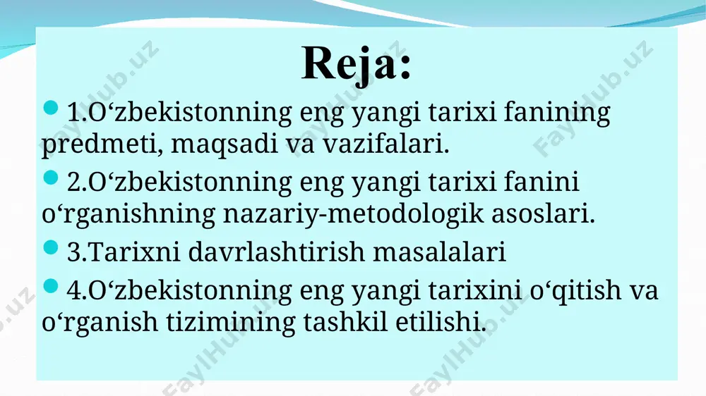 ad – o‘zbekistonning eng yangi tarixini, bugungi fuqarolik jamiyatni shakllantirish jarayonlariga dahldorligini anglatish, tarаqqiyotning yangi bosqichidagi jarayonlar, respublikada yuz bergan muhim o‘zgarishlar, tub islohotlarning mazmun-mohiyatini anglatishdan iborat. fanning asosiy vazifasi – mustaqillikka erishish arafasida o‘zbekistonda yuzaga kelgan murakkab vaziyat, xalqning mustaqil taraqqiyot yo‘liga kirishi, – erkin bozor iqtisodiyotiga o‘tishi, milliy huquqiy demokratik davlatchilik qurilishi, – fuqarolik jamiyati shakllantirish jahon hamjamiyatiga qo‘shilish, – yangilanayotgan o‘zbekistonda amalga oshirilayotgan keng ko‘lamli islohotlar tarixiy jarayonlarini o‘rgatish orqali talabalarni vatanga sadoqat, muhabbat ruhida tarbiyalash, milliy g‘ururni shakllantirishdan iborat. bilish vazifasi tarixiy rivojlanish qonunlarini aniqlash va taxlil qilishdir. bunda insoniyat tarixidagi barcha jarayon va taraqqiyotni ob’ektiv jihatdan yoritish orqali barcha mamlakat va xalqlarning tarixiy taraqqiyotining o‘ziga xosligi va rivojlanishini tarixiylik nuqtai nazardan baholash orqali talabalarning intellektual rivojlanishi ta’minlaydi. tarbiyalash vazifasi fuqarolik, axloqiy fazilatlar va qadriyatlarni tarixiy misollar orqali shakllanishida muhim ahamiyat kasb etadi. bashorat qilish vazifasi o‘tgan davr va hozirgi davrdagi tarixiy voqealar tahlili asosida kelajakni …