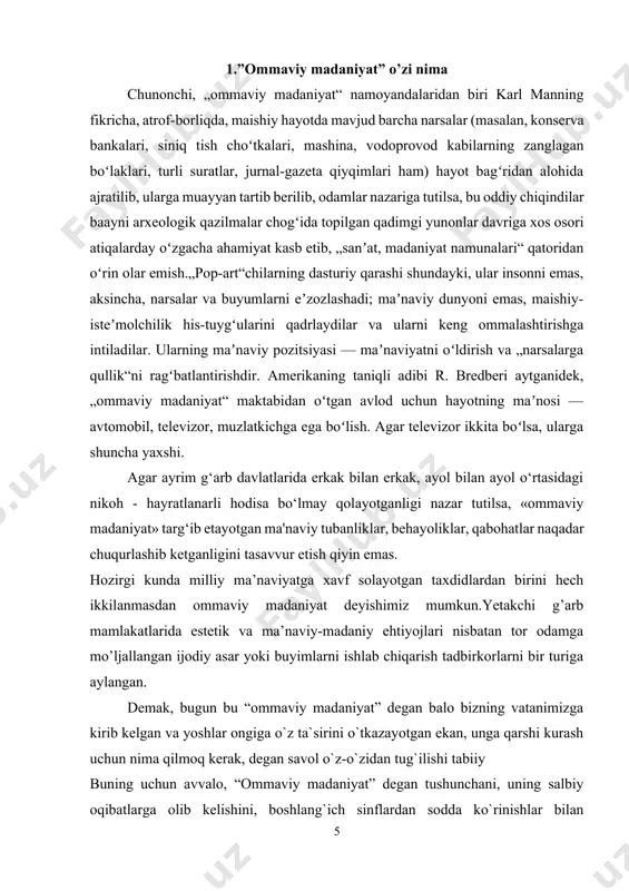 teng keladigan, biroq milliylik bilan sug`orilgan, milliy ma`naviyatimizga mos keladigan kerak bo`lsa, uni mustahkamlaydigan yangi janr yaratishimiz kerak. shunday ekan, bugun biz yosh avlod tarbiyasiga ertanggi kun vorislari sifatida jiddiy e`tibor berishimiz kerak. yoshligidan oilada sog`lom moddiy-ma`naviy turmush tarzini yaratib berishimiz, ularning imkoniyatlarini orzu-havaslarini yaxshilik va ezgulik uchun xizmat qilishga yo`naltirishimiz kerak. ertanggi kun qanday bo`lishi bizga, biz ta`lim-tarbiya berayotgan yoshlarga bog`liq. zero, prezidentimiz aytganidek:”vatanimiz kelajagi, xalqimizning ertanggi kuni, mamlakatimizning jahon hamjamiyatidagi obro`-e`tibori avvalom bor farzandlarimizning unib-o`sib, ulg`ayib, qanday inson bo`lib hayotga kirib borishiga bog`liqdir. biz bunday o`tkir haqiqatni hech qachon unutmasligimiz kerak”. aynan milliy qadriyatlar qadrlangan jamiyatda ijtimoiy-siyosiy muhit fuqarolik institutlarini rivojlantirish uchun yetarli darajada shakllangan bo’ladi,bunday jamiyatda u yoki bu fikr ana shu qadriyatlar asosida yuzaga keladi. darhaqiqat o’zbek ayollarining hayosi,ibosi va ayniqsa milliy atlas liboslari naqadar jozibador ekanligiga juda ko’p marotaba amin bo’lganmiz.afsuski so’ngi yillarda ayollarimiz milliy kiyimlarimizni kiymay qo’yishmoqda.bunga yana o’sha g’arb madaniyatiga taqlid deb bemalol …