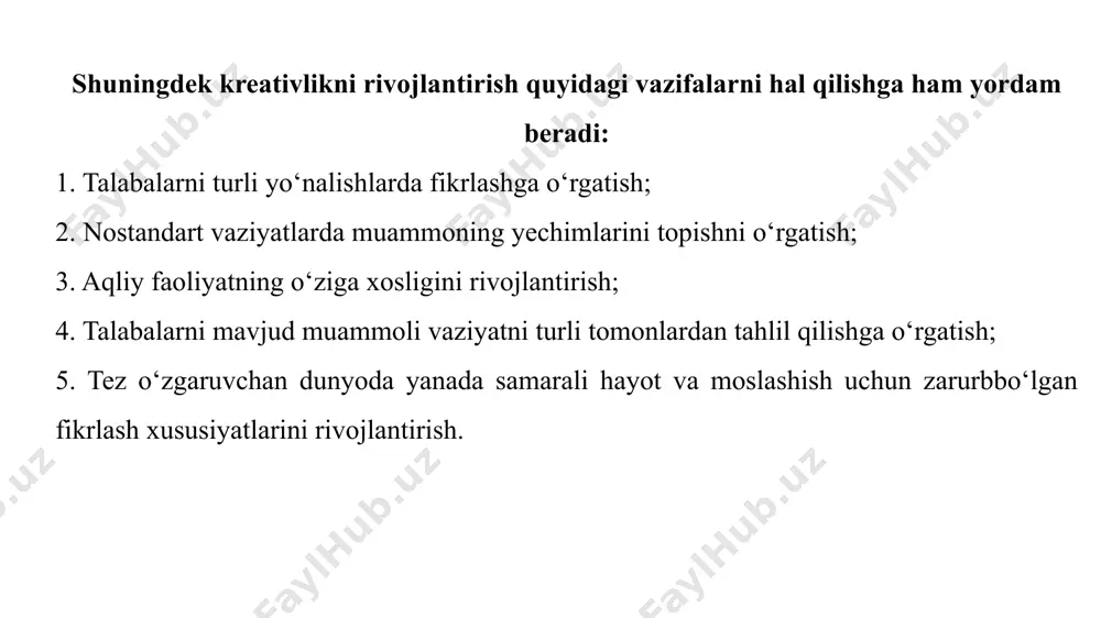 ntirish vazifalari o’zini o’zi tahlil qilish va o’zini o’zi baholash orqali aniqlanadi. o’z ustida ishlash quyidagilarda ko’rinadi: - kasbiy bkmni takomillashtirib borish; - faoliyatga tanqidiy va ijodiy yondashish; - kasbiy va ijodiy hamkorlikka erishish; - ishchanlik qobiliyatini rivojlantirish; - salbiy odatlarni bartaraf etib borish; - ijobiy sifatlarni o’zlashtirish. 6/7/2023 11 bo’lajak pedagogning o’z ustida ishlashi bir necha bosqichda kechadi. ular: 6/7/2023 12 pedagogning mutaxassis sifatida: - aniq maqsad, intilish asosida pedagogik jarayonni takomillashtirish; - pedagogik jarayon samaradorligini, o’zining ishchanlik faolligini oshirish; - izchil ravishda yangilanib borayotgan pedagogik bilimlarni o’zlashtirish; - ilg’or texnologiya, metod hamda vositalardan xabardor bo’lish; - faoliyatiga fan-texnikaning so’nggi yangiliklarini samarali tadbiq etish; - kasbiy ko’nikma va malakalarini takomillashtirish; - salbiy pedagogik nizolarning oldini olish, bartaraf etish choralarini izlash yo’lida olib boradigan amaliy harakati uning o’z ustida ishlashini ifodalaydi. 6/7/2023 13 6/7/2023 14 6/7/2023 15 o’z-o’zini baholash shaxsning qobiliyatini o’z kuchi bilan yuzaga chiqishiga yordamlashishi zarur. o’z-o’zini baholash …