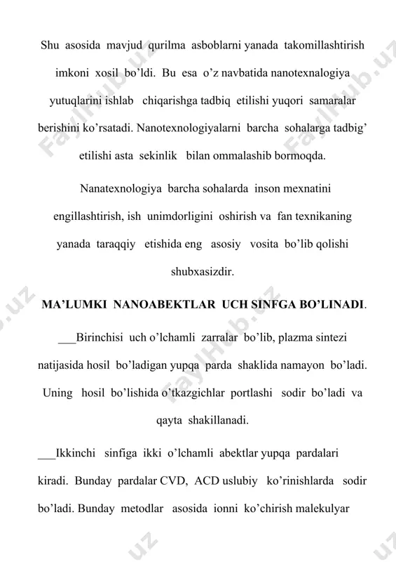 miz. nano qo’shimchasi ( yunoncha nanons – mitti ) u yoki bu birlikning bizning holatda esa metrning, milliarddan bir (10 -9) bo’lagini (nanometer –nm) ni anglatadi. atomlar va juda mayda malekulalar 1 nanometr tartibdagi o’lchamga ega. nanotexnologiya—bu ma’lum atomlar tuzilishli mahsulotlarni, ularning atom va malekulalarini joylashtirish yo’li bilan ishlab chiqarish usullari yig’indisidir. materiallarni atom va malekulalar darajasida manipulyasiyalashimiz mumkinmi? bizning barmoqlarimiz nanomashtab uchun juda ham kattalik qiladiku ! bu savolning javobini dreksler degan olim o’zining “yaratish (barpo etish, vujudga keltirish) mashinalari ” kitobida taklif qildi. atomlar bilan ishlash uchun u maxsus nanomashinalarni yoki assemblerlarni yaratdi. nanomashinalar atom va malekulalarni ishlab olishni bilishi va ularni xoxlagan tartibda bir-biriga bog’lay olishi lozim. shuni takidlash lozimki, bunday mashinalar tabiyatda minglab yillardan buyon muvoffaqiyat bilan ishlab kelmoqda. misol tariqasida ribosomalar tomonidan oqsilni sintez qilish mexanizimini keltirish mumkin. nanotexnologiya quydagi prinsipiyal jixatlarga ega bo’ladi: 1-rasm. nanotexnologiya asoslari. nanotexnalogiya har bir atom va malekulalar bilan juda …