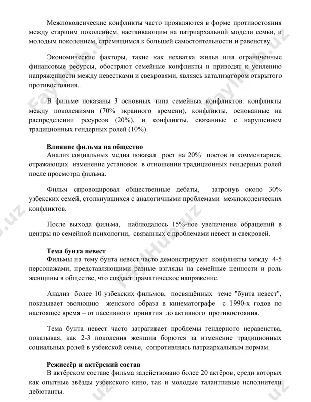 заны 3 основных типа семейных конфликтов: конфликты между поколениями (70% экранного времени), конфликты, основанные на распределении ресурсов (20%), и конфликты, связанные с нарушением традиционных гендерных ролей (10%). влияние фильма на общество анализ социальных медиа показал рост на 20% постов и комментариев, отражающих изменение установок в отношении традиционных гендерных ролей после просмотра фильма. фильм спровоцировал общественные дебаты, затронув около 30% узбекских семей, столкнувшихся с аналогичными проблемами межпоколенческих конфликтов. после выхода фильма, наблюдалось 15%-ное увеличение обращений в центры по семейной психологии, связанных с проблемами невест и свекровей. тема бунта невест фильмы на тему бунта невест часто демонстрируют конфликты между 4-5 персонажами, представляющими разные взгляды на семейные ценности и роль женщины в обществе, что создаёт драматическое напряжение. анализ более 10 узбекских фильмов, посвящённых теме "бунта невест", показывает эволюцию женского образа в кинематографе с 1990-х годов по настоящее время – от пассивного принятия до активного противостояния. тема бунта невест часто затрагивает проблемы гендерного неравенства, …