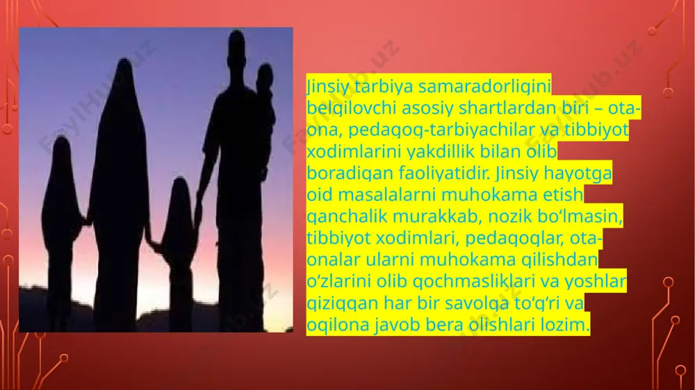 yatlari qanchalik yuksakligini belgilaydi jinsiy tarbiyani shartli ravishda bir nechta bosqichlarga bo‘lish mumkin. bolalarda oddiy gigiyenik ko‘nikmalarni va salomatlikka oid xulq ko‘rinishlarini shakllantirish lozim. badanni chiniqtirish, to‘g‘ri ovqatlanish organizm salomatligini ta’minlagan holda bolaning jinsiy jihatdan sog‘lom ulg‘ayishini ta’minlaydi. oilada o‘zaro hurmat va muhabbatga asoslangan ma’naviy muhitni yaratish nihoyatda muhimdir. kichik yoshdagi bolalarning jinsiy tarbiyasida ularning fiziologik va psixologik xususiyatlarini hisobga olish lozim. jinsiy tarbiyani to‘g‘ri yo‘naltirish hamda o‘g‘il va qiz bola o‘rtasida o‘rinli munosabatlarni shakllantirish uchun bolada uyatchanlik, o‘zini tiyish, doimo yordamga tayyorlik kabi ma’naviy fazilatlarni shakllantirish lozim. jinsiy ulg‘ayish davridagi jinsiy tarbiya o‘ta murakkab bo‘lib, bunda bolaga nisbatan e’tiborli munosabatda bo‘lgan holda uning organizmidagi o‘zgarishlarni, bolaga xos bo‘lgan shaxsiy sifatlarni nazarda tutish lozim. e’tiboringiz uchun raxmat! image3.png image4.png image5.png image6.png image7.png image8.jpeg image9.jpeg image10.png image11.png image12.png image13.png image14.png image2.png