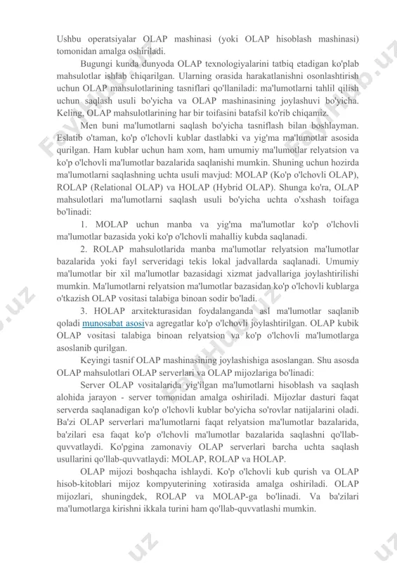 a'lumotlarni tezkor analitik qayta ishlash, shuningdek: ma'lumotlarni real vaqt rejimida analitik qayta ishlash, ma'lumotlarni interaktiv analitik qayta ishlash) - ularning ko'p o'lchovli ierarxik vakolatxonalari asosida ma'lumotlarni analitik qayta ishlashga yondashuv, bu axborot texnologiyalari - biznesning yanada keng doirasiga kiradi. shunday qilib, olapning mohiyati shundan iboratki, tahlil uchun dastlabki ma'lumotlar ko'p o'lchovli kub shaklida taqdim etiladi va uni o'zboshimchalik bilan boshqarish va kerakli ma'lumot qismlarini - hisobotlarni olish qobiliyati ta'minlanadi. bunday holda, oxirgi foydalanuvchi kubni har xil bo'limlarda (o'lchamlarda) ma'lumotlarni (faktlarni) avtomatik ravishda umumlashtiradigan va hisob-kitoblarni va hisobot shaklini interaktiv ravishda boshqarish imkonini beradigan ko'p o'lchovli dinamik jadval sifatida ko'radi. ushbu operatsiyalar olap mashinasi (yoki olap hisoblash mashinasi) tomonidan amalga oshiriladi. bugungi kunda dunyoda olap texnologiyalarini tatbiq etadigan ko'plab mahsulotlar ishlab chiqarilgan. ularning orasida harakatlanishni osonlashtirish uchun olap mahsulotlarining tasniflari qo'llaniladi: ma'lumotlarni tahlil qilish uchun saqlash usuli bo'yicha va olap mashinasining joylashuvi bo'yicha. keling, olap mahsulotlarining har bir toifasini batafsil ko'rib …