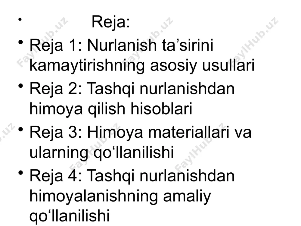 nurlanish turlari uchun doza koeffitsienti mavjud bo’lib, bu materialning qalinligi va turi bilan birgalikda hisoblanadi. bunda, himoya materialining zararlanish darajasi aniqlanadi 2. shielding (himoya) tenglamalari: bir qancha fizik tenglamalar mavjud, masalan, berthelot formulasini ishlatish orqali himoya materialining zarur qalinligini hisoblash mumkin. bu tenglama himoya materialining xususiyatlarini (yopish uchun zarur qalinlik) aniqlashda yordam beradi 3. monte-karlo simulyatsiyasi: tashqi nurlanishdan himoya qilishni yanada aniqroq hisoblash uchun monte-karlo usuli ishlatiladi. bu metod tasodifiy jarayonlar orqali nurlanishning materialga ta’sirini simulyatsiya qiladi tashqi nurlanishning turlari tashqi nurlanish turli xil bo’lishi mumkin, ularning har biri turli materiallarga turlicha ta’sir qiladi. quyidagi nurlanish turlari keng tarqalgan 1. gamma nurlanishi: gamma nurlari — bu yuqori energiyali fotonlar bo’lib, ular kuchli o’tkazuvchanlikka ega va materiallar orqali oson o’tib ketadi. bu turdagi nurlanishdan himoya qilish uchun, odatda, og’ir materiallar, masalan, beton yoki blyanx ishlatiladi 2. neytronlar: neytronlar — bu elektr zaryadsiz zarrachalar bo’lib, ionlashtiruvchi nurlanishga olib keladi. neytron nurlanishiga qarshi …