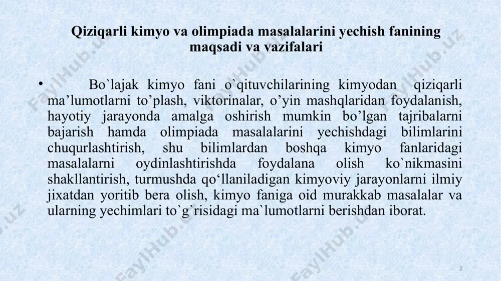 ariyasining hukmronligi (xvii asr o`rtalaridan xviii asr 3 yarmi). 5. kimyoda miqdoriy va tadqiqot usullarining rivojlanishi (xviii asr 4 chorak). 4 hozirgi vaqtda kimyo tarixi quyidagi davrlarga mos ravishda o`rganiladi: 1.alkimyodan avvalgi davr-alkimyogacha bo`lgan davr; bu davr sivilizasiya (madaniyat, ongli xayot boshlanishi) boshlanganidan toki eramizning iv- asrigacha davom etgan va hunar kimyosi davri deyilishi mumkin. . 2. alkimyo davri eramizning iv va xvi asrlari ko`rinib turibdiki, bu davr 1200 yilni o`z ichiga oladi. alkimyogarlar o`z oldiga kimyoning qudratli "mo`'jizakor" ligidan foydalanib 3 ta vazifani: a) hamma narsani o`sha davridagi boylik, kuch quvvat, podshohlar saltanati timsoli – oltinga aylantira oluvchi falsafiy tosh -universal katalizatorni yaratish; b) universal erituvchi - alkagest yaratish; v) umrni uzaytira oluvchi eleksir qidirib topishi yoki yaratish, uni amalda sinab ko`rish muammosini hal qilishni qo`ygan edilar. 5 3. kimyoning birlashish davri (xvi-xviii asrlar). bu davr o`z navbatida 4 ta davrchadan iborat; a) yatrokimyo davrchasi b) pnevmokimyo (gazlar kimyosi) …
