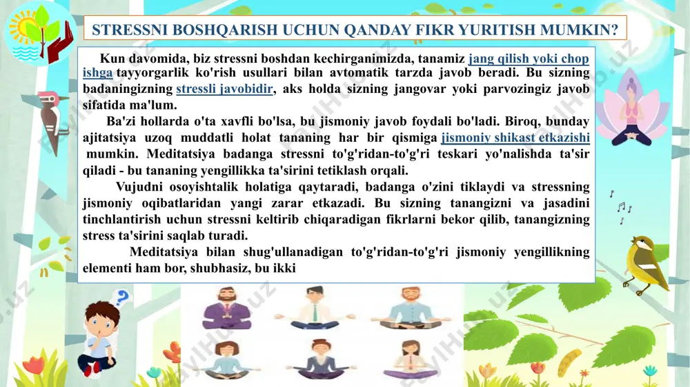 iz qisqa va kunlik mashg'ulotlar bilan boshlashingiz mumkin bo'lsa, siz ko'proq mashg'ulotlar uchun vaqt topishingiz kerak deb o'ylayotgandan ko'ra muntazam ravishda meditatsiya amaliyotiga yopishib qolish ehtimoli ko'proq. bu o'z-o'zidan yuklangan bosim sizga vaqt topa olmaysiz, keyin urinishning motivasiyasidan mahrum bo'lishingizga olib keladi. muntazam amaliyot "mukammal" amaliyotdan ko'ra muhimroqdir. bu degani, siz o'tiradigan joyingiz haqida o'ylamasdan, o'tirish vaqtida qanday usulni qo'llashingiz, qancha vaqt o'tirasiz, yoki qaysi kunga to'g'ri kelishi haqida o'ylasangiz, o'tirish va meditatsiya qilishingiz kerak. qolganlari faqat boshlanganda amalga oshadi, lekin agar siz bu ma'lumotni ishga tushirishdan oldin ishlash kerakligini his qilsangiz, siz boshlashingiz yanada qiyinroq bo'lishi mumkin. agar aqlingizni bilsangiz, bu yaxshi. meditatsiya ba'zi kishilar uchun, ayniqsa mukammallikchilar uchun qiyin bo'lishi mumkin. biz ba'zan buni "to'g'ri" qilishni xohlayotgan tuzoqqa tushamiz va ongimiz tushib qolganda o'zimizdan xafa bo'ladi. shuni esdan chiqarmaslik kerakki, agar siz buni bilib qolsangiz, bu yaxshi narsa. fikringizni va meditasyonunuzun markaziga qayta yo'naltirish (nafas, hozirgi vaqt, yoki …