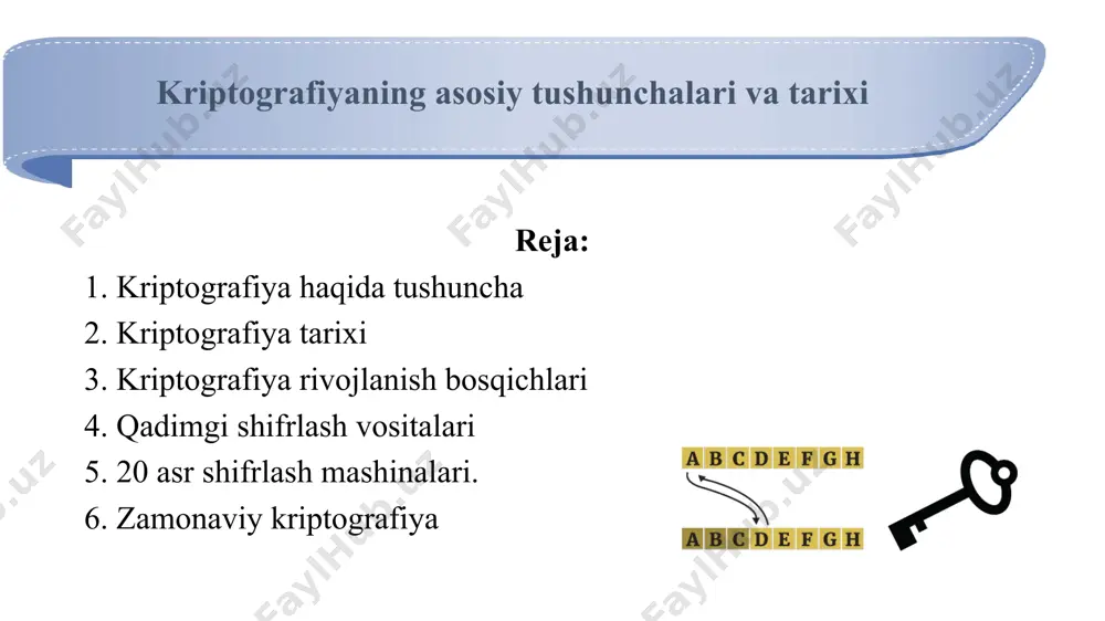 qasddan o‘zgartirilmaganligini tekshirish mumkin bo‘ladi. kriptografiyaning asosiy tushunchalari kriptografiya tarixi ma’lumotlarni shifrlashning dastlabki ko’rinishlaridan ming yillar avval foydanib kelingan. yaqin ming yilliklarga qadar foydalanilgan shifrlarni klassik shifrlar deb atalgan. ba’zi manbalarda hisoblash qurilmalari yaratilgunga qadar foydalanilgan shifrlar – klassik shifrlar davriga tegishli deb olingan. undan keyingi davr esa zamonaviy shifrlar davri deb yuritiladi. kriptografiya tarixi 4 ming yilga yaqin. kriptografiyani davriylashtirishning asosiy mezoni sifatida foydalanilgan shifrlash usullarining texnologik xususiyatlaridan foydalanish mumkin. birinchi davr (taxminan miloddan avvalgi 3 ming yillikdan) mono alifbo shifrlarining ustunligi bilan ajralib turadi (asosiy printsip - asl matn alifbosini boshqa alifbo bilan almashtirish, boshqa harflar yoki belgilar bilan almashtirish) kriptografiya tarixi matnni himoya qilish usuli sifatida kriptografiya yozma ravishda paydo bo'lganligi va yashirin yozish usullari hindiston, misr va mesopotamiyaning qadimiy sivilizatsiyalariga ma'lum bo'lganligi haqida dalillar mavjud. 64 san'at orasida qadimgi hind matnlarida matnni o'zgartirish usullari berilgan, ularning ba'zilari kripto bilan bog'liq bo'lishi mumkin kriptografiya tarixi kriptografiya rivojlanish …