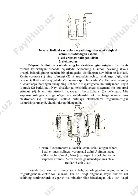 h. 2. kolloid zarrachalar zaryadining ishorasini va harakat tezligini aniqlash usuli bilan tanishish. ish uchun kerak bo’ladigan asbob va reaktivlar: 100 ml li silindr, gil, shisha nay, distillangan suv, misdan yasalgan elektrodlar, batareya, 0,05n li kaliy yodid, 0,05n li kumush nitrat eritmalari. 1-tajriba. elektroforezni kuzatish. ishning borishi: o‘lchami 8x15 sm va 4 sm qalinlikdagi loy parchasiga 2 dona 1,5 –2 sm diametrli shisha nay tiqiladi. shisha naylarga yaxshilab yuvilgan qumdan 0, 5 sm qalinlikda solinadi. so‘ngra qum yuzasidan 2 –3 sm yuqori balandlikda turadigan qilib suv solinadi. ikkala nayga misdan iborat elektrod tushiriladi va ular batareyaga (2v) ulanadi. bir necha minut o‘tar –o‘tmas elektroforez hodisasi kuzatiladi. musbat elektrod tushirilgan naydagi suv loyqalanadi. chunki loy zarrachalari sekin –asta ko‘tarilib, suvda suspenziya hosil qiladi. bu nayda suv kamaya boradi. loy zarrachalarining manfiy ekanligidan dalolat beradi. 2-rasm. zaryadlangan zarrachalarni harakatlantirish: 1,2-naylar. 2-tajriba. kolloid zarracha zaryadining ishorasini topish. agbr ning zaryad ishoralari har xil …
