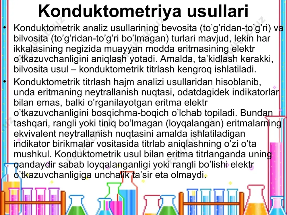 ko’ramiz. bunda konduktometrik titrlash chizig’ining ko’rinishi 5-rasmdagidek shaklda bo’ladi. rasmda keltirilgan titrlash egri chizig’i urinmalari kesishgan nuqtasi – ekvivalent (tirlash) nuqtasini belgilaydi. eritmalarning elektr o’tkazuvchanligi nafaqat ulardagi ionlarning harakatchanligi, balki eritmani hosil qiluvchi kimyoviy moddaning dissosilanish darajasiga ham bog’liq. reaksiya paytida harakatchanligi yuqori bo’lgan ionlar, harakatchanligi nisbatan past bo’lgani bilan almashgan holatlarda ham, titrlash davomida dissosilanish darajasining oshishi, elektr o’tkazuvchanlikning ortishiga olib keladi. -rasm. agno3 – hcl, ch3cooh – naoh va shunga o’хshash sistemalarning konduktometrik titrlash chizig’i kulonometrik analiz usuli turli хil birikmalarni analiz qilishga keng miqyosda qo’llaniladigan elektrokimyoviy usullardan yana biri- kulonometrik analiz usulidir. uning negizida, odatda, tekshiriladigan modda eritmasining elektroliz jarayoniga uchratilishi yotadi. bunda elektr toki ta’sirida qarama-qarshi zaryadli ionlarga parchalanadigan muayan kimyoviy birikmaning oksidlanish-qaytarilish reaksiyasiga uchrashi kuzatiladi. tajribada hosil bo’ladigan yangi tur moddalar bilan birgalikda, elektroliz jarayoni vaqtida sarf bo’lgan elektr toki miqdori aniqlanadi. kulonometrik analiz ishlarini bajarishda faradey qonuniga binoan yaratilgan. yuqoridagilardan shunday хulosaga kelish ham …