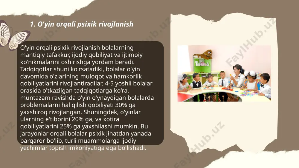 xotira qobiliyatini sezilarli darajada yaxshilaydi. ... t.me/slaydai_bot mantiqiy fikrlash qobiliyatlarini rivojlantirish ko'plab muhim omillarga bog'liq. birinchidan, kitob o‘qish hamda matematik masalalarni yechish mantiqiy fikrlashni o‘stirishga yordam beradi. shu bilan birga, logika o‘yinlari, masalan, shaxmat yoki sudoku, fikrlash qobiliyatlarini mustahkamlaydi. psixologlar tavsiyalariga ko‘ra har kuni kamida 15-30 daqiqa logik mashg‘ulotlar bilan shug‘ullanish samarali hisoblanadi. shuningdek, tadqiqotlar ko‘rsatishicha, o‘quvchilar mantiqiy mashg‘ulotlar natijasida o‘zlarining muvaffaqiyatlarini 25-30% ga oshirishi mumkin. shu bilan birgalikda, muntazam ravishda kitob mutolaasi miyaning neyron aloqalarini yaxshilaydi va fikrlash jarayonlarini tezlashtiradi. ... t.me/slaydai_bot 7. motor ko'nikmalarning shakllanishi motor ko'nikmalarning shakllanishi inson harakatlarini boshqarish va harakatlarni o'rganish jarayonidir. bu jarayon asosan bolalikda boshlanib, turli bosqichlarni o'z ichiga oladi. ikki yoshdan boshlab bolalarda qo'l va oyoq koordinatsiyasi rivojlanadi; 3-4 yoshda muvozanat va harakatlarni rejalashtirish yaxshilanadi. 5-6 yosh oralig'ida esa bolalar nozik motor ko'nikmalarini rivojlantiradilar. ushbu ko'nikmalarni mustahkamlash uchun mashqlar va takrorlash muhim rol o'ynaydi. 10 yoshgacha bolalar to'liq motor nazoratiga erishishadi. motor …
