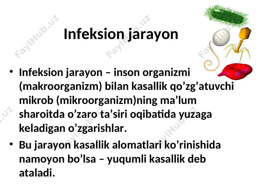 ilishi natijasida paydo bo’ladi. papula – teri yuzidan biroz bo’rtib turadi. vezikula – ichida tiniq suv tutadigan mayda pufakchalar. eritema – ma’lum kattalikda terida yaxlit qizarish. allergik toshmalar. ba’zi yuqumli kasalliklarda terida turli toshmalar – ekzantemalar paydo bo’ladi. ichki a’zolar yoki shilliq qavatlardagi toshmalar – enantemalar deb ataladi. yuqumli kasalliklarda organizmning mikrobga nisbatan javob reaksiyasi bu – tana harorati ko’tarilishidir. davomiyligi bo’yicha: yuqori tana harorati bo’yicha: doimiy isitma – tº bir necha kun baland bo’ladi. ertalabki isitma kechqurungisidan pastroq bo’ladi, lekin ularning farqi 1ºc dan oshmaydi (ich terlama, toshmali tif). remittirlovchi isitma - tº bir necha kun baland bo’ladi. ertalabki va kechqurungi isitmalar farqi 1ºc dan oshadi (sepsis, sil). intermittirlovchi (almashinib turuvchi) isitma – tº birdan 39-40ºc gacha ko’tarilib, kun davomida normagacha tushadi. farqi 3-4ºc ni tashkil qiladi (bezgak). qaytalovchi isitma – yuqori isitma davri normal tana haroratli davrlar bilan almashinib kechadi va bir necha kun davom etadi. isitma davri …