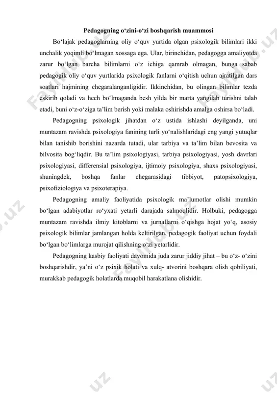 bir muncha boshqa narsalarga asoslanadi. ixtiyoriy bo‘lmagan diqqat- e’tiborni boshqarish ular bilan bog‘liq bo‘lgan holatlar, ya’ni organizmning psixofiziologik holatlarini boshqarish orqali bevosita amalga oshirish mumkin. charchoq oqibatida ixtiyoriy bo‘lmagan diqqat-e’tibor yomon boshqariladigan bo‘lib qoladi. xuddi shunday holat kasallik davrida, haddan tashqari emotsional junbushga kelgan holatda, affekt yoki stress holatlarida ro‘y beradi. bir muncha ta’sir qiladigan vositalar – dam olish, davolash, psixofizik autotrening bu tarzdagi diqqatni boshqarishda yaxshi samara beradi. ixtiyoriy diqqatni, qiziqish uyg‘otadigan, so‘z yordamida yoki qo‘llab- quvvatlash orqali boshqarish mumkin. odamning diqqatini biror narsaga qaratish uchun, uning qiziqishini qo‘llab - quvvatlash kifoya qiladi. so‘z orqali o‘z-o‘zini yo‘naltirish yoki verbal o‘zi-o‘zini boshqarish har doim to‘g‘ridan- to‘g‘ri yoki bevosita qiziqishga asoslanadi. ayrim hollarda o‘zini majbur qilib qandaydir obyekt, holat yoki voqelikning qiziqarli tomonlariga e’tiborni qaratish, diqqatni uzoq bo‘lmagan vaqt oralig‘ida jalb qilish uchun yetarli bo‘ladi. qabul qilish orqali ham ularni ma’lum darajada boshqarish mumkin. pedagog uchun eslash qobiliyatini boshqarish bir muncha …