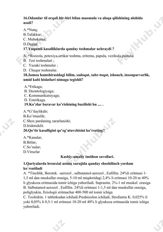 a , namlangan kislorod bilan beriladi. bromgeksin yoki mukaltin '/2-1 tabletkadan sut bilan ichiladi. 2.ensa sohasida og`riq. hamshira tashxisi asosida parvarishlash rejasini tuzish. 3.bemor bolda ichketishi,qusush, holsizlik, taxikardiya,hansirash biroz,terisi quruq,isitma kuzatilsa hamshira tashxisi quying? a. o`tkir qorin b. organizmda suyqlik hajnini kamayishi. s. interit d. gastrit 4.me`dani zond orqali yuvish texnikasi algoritmini yozing (bu ochiq test, javob algoritm shaklida to`liq yoziladi). 5.insultni davolash usullarin toping: 1. umumiy davolash 2. qiyosiy davolash 3. radikal davolash a. 1.2 b. 1.3 s. 2.3 d. 1.2.3 6.esmarx jgutini qo`yish amaliyot algoritmi to`ri bajarilganda kuzatiladigan bеlgilar: a. qon kеtishni to`xtatadi, puls aniklanmaydi, oyoq-qo’llar oqaradi * b. qon kеtishni to`xtatadi, oyoq-qo`llar muzlaydi, oyoq-qo`llar qizaradi c. qon kеtishni to`xtatmaydi, oyoq-qo`llar issiq buladi, puls tеzlashadi d. qon kеtishni to`xtatadi, puls aniqlanadi, oyoq-qo’llar ko’karadi 7.chala tug`ilgan chaqaloqlarni oziqlantirish? a) qoshiqcha yordamida b) ko`krak suti *s) zond orqali d) parеntеral 8.кўз қовоқлари касалликларига қайси касалликлар киради ? 1. говмичча. 2. …