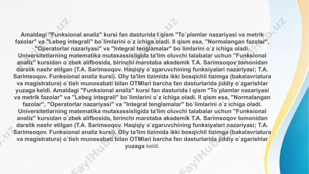 ta'rif. agar elementlari x, y, z, . . . bo`lgan l to`plamda quyidagi ikki amal aniqlangan bo`lsa: 7 i. ixtiyoriy ikkita x, y ∈ l elementlarga ularning yig`indisi deb ataluvchi aniq bir x + y ∈ l element mos qo`yilgan bo`lib, ixtiyoriy x, y, z ∈ l elementlar uchun 1) x + y = y + x (kommutativlik), 2) x + (y + z) = (x + y) + z (assotsiativlik), 3)l da shunday θ element mavjud bo`lib, x + θ = x (nolning mavjudligi), 4) shunday −x ∈ l element mavjud bo`lib, x + ( − x) = θ (qarama-qarshi elementning mavjudligi) aksiomalar bajarilsa; ii. ixtiyoriy x ∈ l element va ixtiyoriy α ∈ k uchun x elementning α songa ko`paytmasi deb ataluvchi aniq bir αx ∈ l element mos qo`yilgan bo`lib, ixtiyoriy x, y ∈ l va barcha α, β ∈ k sonlar uchun 5) α(β x) = …