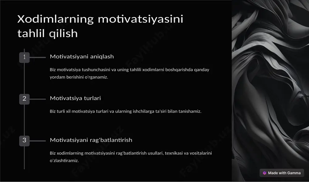 tlantirish va maqsadlarga erishish uchun ijobiy mustahkamlash usullarini o'zlashtiramiz. 2 o'z-o'zini rag'batlantirish o'z-o'zini rag'batlantirishning psixologik usullarini va ularning kundalik ishlarda qo'llanilishini o'rganamiz. 3 maqsadlilik biz psixologik sozlashning maqsadlarga erishishga ta'sirini muhokama qilamiz. rahbarning shaxsiyati va psixologik fazilatlarining roli etakchilik fazilatlari muvaffaqiyatli rahbar uchun muhim bo'lgan asosiy shaxsiy xususiyatlarni ko'rib chiqing. aloqa qobiliyatlari biz samarali muloqot ko'nikmalarini va ularning etakchilik uchun ahamiyatini o'rganamiz. muammolarni hal qilish ko'nikmalari qaysi psixologik ko'nikmalar menejerga muammolar va qiyinchiliklarni muvaffaqiyatli engishga yordam berishini aniqlaymiz. xulosa ongni boshqarishda psixologik omillar, insonlarning o'zlarini, boshqalarini va o'z jihatlarini tushunishiga va boshqarish usullarini belgilashga ta'sir qiladi. bu omillar motivatsiya, emotsiyalar, o'zini boshqarish qobiliyati, munosabatlar bilan murojaat qilish, stresni boshqarish kabi jihatlarni o'z ichiga oladi. ularning o'rganilishi va tushunilishi, insonlar bilan munosabatlarni kuchaytirishda, faol faoliyatni ta'minlashda, stres va qayg'uni kamaytirishda va o'zgarishlarni amalga oshirishda yordam berishi mumkin. psixologik omillar, boshqarishning amaliy tajribasi va texnikalarini o'rganishda juda muhimdir. image4.jpeg image6.png image5.png image7.png …