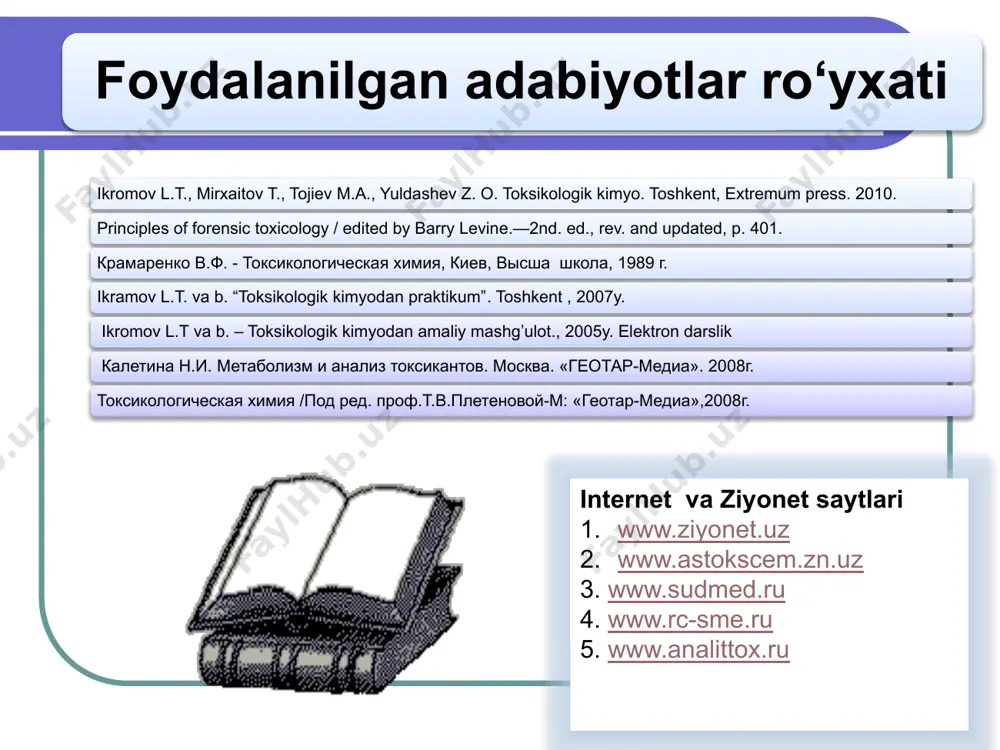 yalardan foylaniladi: 1. bariy ioni xromatlar bilan mineral kislotalarda eriydigan va sirka kislotasida erimaydigan sariq cho‘kma beradi: ba++ + k2cr2o7 + h2o ---> bacro4 + 2k+ + 2h+ 2. bariy ioni rodizonat natriy bilan qizg‘ish-qo‘ng‘ir rang cho‘kma beradi. 1 tomchi xlorid kislotasi ta’sirida tiniq qizil rangga o‘tadi, rang stronsiydan hosil bo‘lgan bo‘lsa, o‘chib ketadi. qizil rang miqdoriy tahlil bariy kationi miqdorini aniqlash 2 usulda bajariladi: 1. og‘irlik usuli - cho‘kma тrilon b ning ammiakli eritmasida eritilib, filtrlanadi (cho‘kma tarkibidagi sio2, fe+3 va ca+2 tuzlaridan tozalash) filtrat nordonlashtirilgach, baso4 ajratib, quritiladi va tortiladi. qizil rang ko‘k rang 2. hajmiy usul. ajratib olingan cho‘kma тrilon b ni aniq konsentratsiyali eritmasida eritilib, ortiqcha тrilon b erioxrom ko‘ki indikatorligida zncl2 bilan titrlanadi. ko‘k rang qizilga o‘tishi kerak: toksikologik ahamiyati. qo‘rg‘oshin birikmalarining ichida arsenat, asetat, xromat, xlorid, karbonat, nitrat tuzlari muhim toksikologik ahamiyatga ega. qo‘rg‘oshin metali tipografiya va akkumulatorlar tayyor-lashda keng qo‘llaniladi. birikmalaridan 2pbco3 . …
