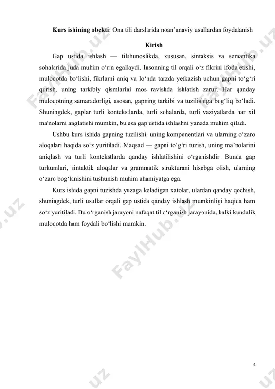 a to‘g‘rilikni ta'minlashdan iborat. o‘quvchilar, gapdagi so‘zlarning o‘rnini va ularning bir-biriga bog‘lanishini, jumlalarni tuzishda qaysi grammatik qoidalar va tizimlar mavjudligini o‘rganadilar. shu bilan birga, gap tuzish jarayonida yuzaga keladigan xatolarni aniqlash va tuzatish, o‘quvchilarning tilni to‘g‘ri ishlatish ko‘nikmalarini rivojlantiradi. shuningdek, gap ustida ishlash, o‘quvchilarga tilni faqat grammatik qoidalar asosida o‘rganish emas, balki tilning muloqotdagi rolini tushunishga ham yordam beradi. gapni to‘g‘ri qurish, ularning fikrini aniq va ravon ifoda etishga imkon yaratadi, bu esa savodxonlikning asosiy mezonlaridan biri hisoblanadi. o‘quvchilar bu jarayonda tilning semantik, pragmatik va sintaktik jihatlariga e'tibor berishni o‘rganadilar. bundan tashqari, gap ustida ishlash orqali o‘quvchilar o‘zlarini ifoda etishning yangi shakllarini o‘rganadilar, o‘z fikrlarini aniq, mantiqiy va bir-biriga bog‘langan jumlalar orqali izhor qilishni o‘zlashtiradilar. bu esa ularning umumiy muloqot madaniyatini va intellektual salohiyatini oshiradi. shu tariqa, savod o‘rgatish davrida gap ustida ishlash nafaqat o‘quvchilarning til o‘rganish ko‘nikmalarini rivojlantirish, balki ularning fikrlarini aniq ifoda etish, yozma va og‘zaki muloqotda samarali …