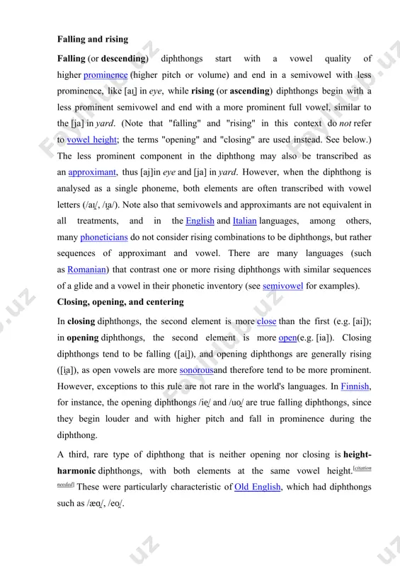 e central one, such as [ɪə̯], [ɛə̯], and [ʊə̯] inreceived pronunciation or [iə̯] and [uə̯] in irish. many centering diphthongs are also opening diphthongs ([iə̯], [uə̯]). diphthongs may contrast in how far they open or close. for example, samoan contrasts low-to-mid with low-to-high diphthongs: · ’ai [ʔai̯] 'probably' · ’ae [ʔae̯] 'but' · ’auro [ʔau̯ɾo] 'gold' · ao [ao̯] 'a cloud' length languages differ in the length of diphthongs, measured in terms of morae. in languages with phonemically short and long vowels, diphthongs typically behave like long vowels, and are pronounced with a similar length.[citation needed] in languages with only one phonemic length for pure vowels, however, diphthongs may be behave like pure vowels.[citation needed] for example, in icelandic, both monophthongs and diphthongs are pronounced long before single consonants and short before most consonant clusters. some languages contrast short and long diphthongs. in some languages, such as old english, these …