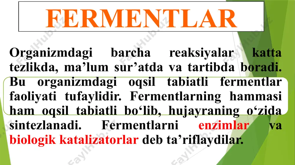atlarini tindirish 6 sellyulaza somonni va paxta qoldiqlarini ishlash sellobioza va glyukoza olishda 7 proteazalar mikro proteazalarini, pivo go’shtni yumshatishga, terini ishlash 8 bromelain ozuqa arashmasi tayyorlash go’shtni yumshatish 9 papain pivoni tindirish go’shtni yumshatish 10 tripsin terini ishlash, medisinada 11 rennin pishloq tayyorlash, sutni achitish 12 lipazalar sut mahsulotlarini mazasini o’zgartirish (turli) moddalarni parchalash va sintezlash 13 oksidoreduktazalar ozuqa mahsulotlarini kislorodni yo’qotish 14 glyukozooksidaza sut mahsulotlarining sterilizasiyasidan keyin vodorod peroksidini yo’qotish fermentlar olish texnologiyasi fermentlardan biotexnologik va boshka xalq xo’jalik maqsadlarida foydalanish bir necha ming yillik tarixga ega bo’lsada, amaliyotda katta axamiyatga ega bo’lgan ish birinchi bo’lib tirik xujayralardan buxner 1897 yilda aktiv fermentlar ajratib olinishidan boshlanadi. buxner ishlaridan so’ng 1926 yilda amerikalik bioximik samner fermentlarini kristall holatda ajratib olish usulini ajratib oldi va toza ureaza fermentini ajratib oldi. amerikalik bioximik j.nortrop kristall xolda tripsin, pepsin, ximotripsinni ajratib oldi. bu ishlari uchun samner bilan birgalikda nobel mukofotiga sazovor bo’lishdi. …