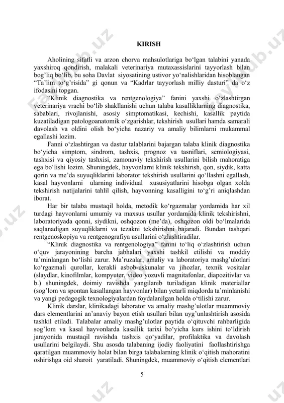 nik diagnostika - klinik veterinariyaning metodologik asosini tashkil etib, veterinariya vrachlarini tayyorlashda muhim propedevtik fan hisoblanadi. veterinariya va ilg’or amaliyot chorvachilikda ilm-texnika progressini mustahkamlashda katta hissa qo‘shmoqda. klinik diagnostika kursi bo‘yicha o‘rganiladigan klinik laboratoriya va rentgenologik usullarni mahorat bilan puxta egallash, bo‘lajak veterinariya vrachlariga kasallikka o‘z vaqtida tashxis qo‘yish, ilmiy asosda davolash va profilaktika o‘tkazishda yordam beradi. “klinik diagnostika va rentgenologiya” fanining vazifasi shundan iboratki, talabalarga kasalliklarni aniqlash tajribasini, patologik jarayonlarning har xil bosqichlarida kasallik belgilarini (simptomlarni) ustalik bilan yig’ish va tahlil qilishdan iborat mohirlikni o‘rgatishdir. olingan natijalar asosida tahlil yozib va tekshirilayotgan hayvon sog’lomligi haqida yakuniy xulosalash klinik diagnostikani chuqur o‘rganishga imkoniyat tug’diradi, bu esa bakalavr va magistr yo‘nalishlarida veterinariya vrachlarini tayyorlashni yaxshilash yo‘lida alohida ahamiyat kasb etadi. veterinariya xodimlarining asosiy vazifasi - chorvachilikni rivojlantirib, aholini chorva mahsulotlari bilan va sanoatni xom - ashyo bilan ta’minlashdan iborat. insoniyat hayotida chorva mahsulotlari asosiy o‘rinni egallaydi. lekin o‘zbekistonda hozirgacha odamlarni talab …