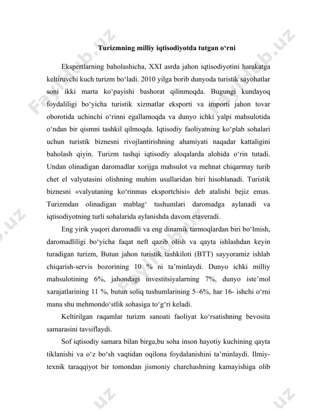 ib kelgan bo‘lsa, ikkinchi tomondan asabiy zo‘riqishlarga olib kelkelmoqda. shu munosabat bilan dam olishni rejalashtirish vap tashkillashtirishning roli oshib bormoqda. turizm bo‘yicha gaaga deklaratsiyasida quyidagicha ta’kidlab qo‘yilganligi tasodif emas: «dam olish, bo‘sh vaqt va ham to‘lanadigan davriy ta’tilga bo‘lgan huquq, shuningdek, bu vaqtdan ta’tillar o‘tkazish maqsadida, ma’rifiy va sayr maqsadlarida erkin borib-kelishlar uchun foydalanish huquqi, ham ichki, ham xalqaro turizmdan olinadigan farovonliklardan foydalanish» – eng zarur narsalardan biri hisoblanadi. turizm taassurotlarning xilma-xilligini, shart-sharoitning va faoliyat turlarining rang-barang o‘zgarishini ta’minlaydi, asabiy zo‘riqishning kamayishiga samarali ko‘maklashadi. hozirgi sharoitlarda bu tarmoqning ahamiyati va uning xalqaro, jumladan, hukumatlararo va shaxslararo munosabatlarga ta’siri ham doimiy ravishda o‘sib bormoqda. «turizmni avvalambor mamlakatlar va qit’alar o‘rtasidagi munosabatlar jihatidan olib qarash kerak. xalqaro turistik aloqalar qanchalik muntazam tus olaversa, jahon iqtisodiyoti shunchalik oldindan bashorat qilinishi, dunyo kon’yunkturasi esa shunchalik barqaror bo‘lishi mumkin». hozirgi jahon xalqaro turizmining ahvolini rossiyalik olimlar bilan birga tahlil qilgan kanadalik olimlar shunday xulosaga keldilar. …