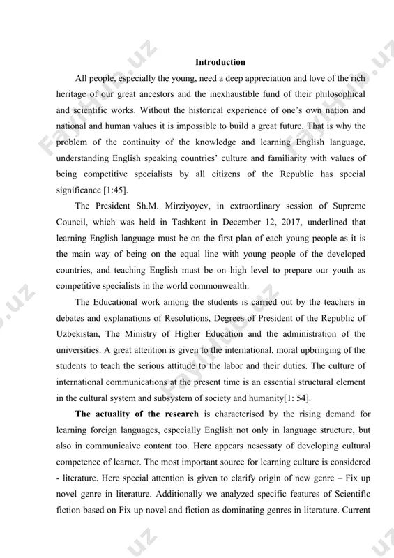 rning foreign languages, especially english not only in language structure, but also in communicaive content too. here appears nesessaty of developing cultural competence of learner. the most important source for learning culture is considered - literature. here special attention is given to clarify origin of new genre – fix up novel genre in literature. additionally we analyzed specific features of scientific fiction based on fix up novel and fiction as dominating genres in literature. current english literature usents very strickt structure of language that mostly uses figurative meanings of language units. this feature is sharply seen in fiction belonging to humoristic or satirical genre, which has dominating position in precent day english literature. to understand the communicative or living usage of language units, learner of english language should be taught some important features of english satire. because understanding of satirical usually touches upon knowledges belonging to culture and social condition …