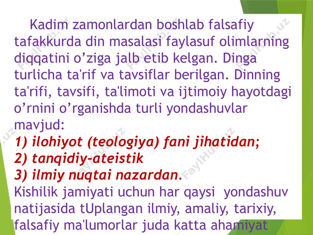 i bilan birga, ularning falsafasida umumiy tоmоnlar ham uchraydi. barchasida оlamning yaratilishi, insоniyatning yashashi haqida fikrlar bildirilib, gnоsеоlоgik, antrоpоlоgik, psixоlоgik va bоshqa jihatlarga e’tibоr qaratilgan. исломнинг йўналишларга бўлиниши сабаблари муҳаммад пайғамбар вафотидан кейин мусулмон жамоа- ларининг йўлбошчилари ўртасида ҳокимият учун кураш авж олган. ҳокимият учун курашлар исломнинг уч йўна- лишга бўлинишига олиб келган. мазкур бўлинишнинг асосида турли феодал гуруҳларнинг ҳокимият учун олиб борган курашлари ётади. муҳаммад пайғамбарнинг куёви, тўрт буюк халифалар- дан бири али давридаёқ (656 – 661 йиллар), халифанинг ҳокимиятини тан олмаган уммавийлар билан ҳокимият тепасига муҳаммад пайғамбар авлодаригина келиш ҳуқу- қига эгадирлар деб ҳисоблаган али ибн абу толибнинг тарафдорлари ўртасида кураш авж олиб кетган. исломдаги йўналишлар тушунчаси 1 исломдаги йўналиш деганда муайян эътиқодий масала асосида бирлашган мусулмонлар мажмуаси тушунилади. 2 суннийлик йўналиши “аҳли сунна вал-жамоа” деб номланади. “аҳли сунна” дегани муҳаммад пайғамбар суннатларига эргашувчилар, “вал- жамоа” сўзи эса мусулмонларнинг кўпчилиги ортидан юрувчилар деган маънони англатади. 3 шиалар. «шиа» …