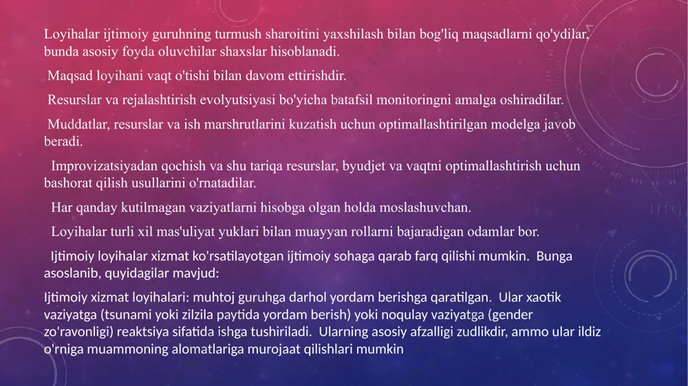 nubi-sharqiy hamkorlik orqali alyaskadagi katta vaqtinchalik yomg'ir o'rmonlarini himoya qilish dasturi misol bo'la oladi ijtimoiy loyihalarni boshqarish – bu nafaqat muammolarni hal qilish, balki jamiyatni o‘zgartirishga xizmat qiladigan uzoq muddatli va ijodiy jarayondir. har bir loyiha aniq maqsad va rejaga asoslangan bo‘lishi kerak. yangi g‘oyalar, innovatsion yondashuvlar va samarali boshqaruv tizimlari ijtimoiy loyihalarni muvaffaqiyatli amalga oshirish uchun zarur omillardir. har bir loyiha, to‘g‘ri boshqarilsa, jamiyatda haqiqiy o‘zgarishlarni keltirib chiqaradi va ijtimoiy barqarorlikni ta’minlaydi. shu bilan birga, loyiha faoliyatida ishtirok etgan har bir shaxsning hissasi va faol ishtiroki loyihaning muvaffaqiyatiga katta ta’sir ko‘rsatadi. ijtimoiy loyihalarning barqarorligi va samaradorligi jamiyatning ehtiyojlariga, innovatsion yondashuvlarga va jamoatchilikning faolligiga bog‘liq. shuning uchun, loyiha boshqarishning barcha bosqichlarida doimiy nazorat, ijtimoiy tarmoqlardan foydalanish va mahalliy resurslardan to‘liq foydalanish juda muhim. boshqa tomondan, loyihaning yakuniy natijalari jamiyatda ijobiy o‘zgarishlar yaratishga, muammolarni hal qilishga va odamlarning hayot sifatini yaxshilashga xizmat qilishi kerak. xulosa 12 taklif va tavfsiyalar har bir …