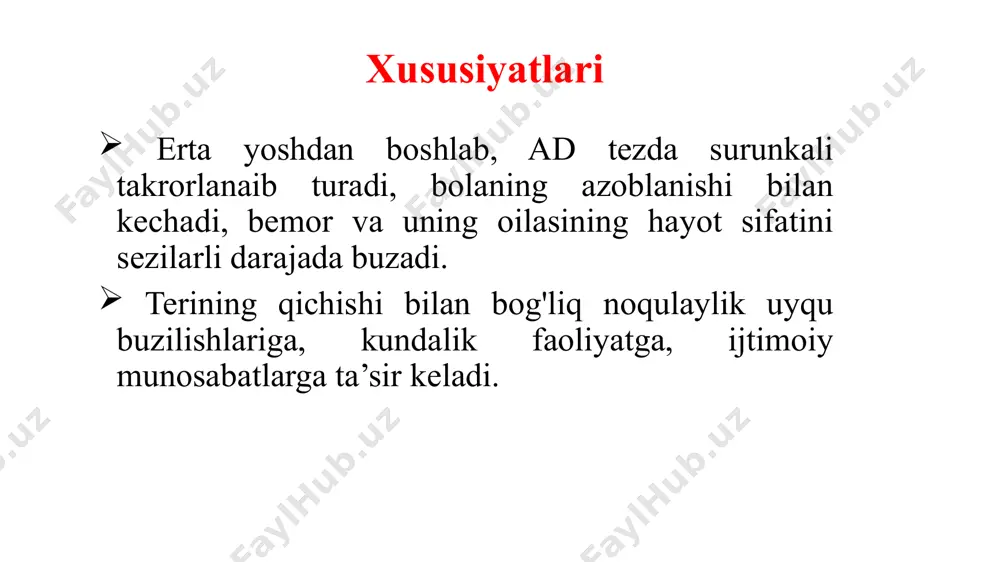n 7 yoshli bolalarning 20% doimiy bo'lib qoladi va 17% kasallikning intermittant kursiga ega 1. atopicheskiy dermatit. novie podxodi k profilaktike i narujnoy terapii. rekomendatsii dlya praktikuyushix vrachey.izdanie 3-e/pod redaktsiey yu.v. sergeeva-m.j mdv, 2006.-96 s. 2. atopicheskiy dermatit: rekomendatsii dlya praktikuyushix vrachey. rossiyskiy natsionalniy soglasitelniy dokument po atopicheskomu dermatitu. pod redaktsiey r.m. xaitova i a.a. kubanovoy. m., farmarus print, 2002, 192 s. 20 20 foto iz rukovodstva dlya vrachey “atopicheskiy dermatit u detey” pod redaktsiey prof. n.g. korotkogo 2003g. 21 21 atopik dermatit o'smirlik-kattalar bosqichi (14 yosh va undan katta) diffuz infiltrativ toshmalar quruqlik, likenifikatsiya, qichishish lokalizatsiyasi: yuz, bo'yin, tananing yuqori qismi va qo'l-oyoqlar. qoida tariqasida, bu go'daklik yoki erta bolalik davrida rivojlangan kasallikning davomi. o'smirlik davrida ad faqat 16,8% hollarda boshlanadi. 1. atopicheskiy dermatit. novie podxodi k profilaktike i narujnoy terapii. rekomendatsii dlya praktikuyushix vrachey.izdanie 3-e/pod redaktsiey yu.v. sergeeva-m.j mdv, 2006.-96 s. 2. atopicheskiy dermatit: rekomendatsii dlya praktikuyushix vrachey. …