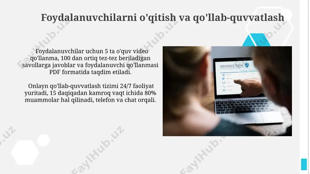 lanuvchilarning qoniqish darajasi va tizimning ishlash samaradorligi (masalan, operatsiyalar soni soatiga 1000 ta dan oshishi) muhim ko'rsatkichlardan hisoblanadi. ma'lumotlar bazasini loyihalash va yaratish ma'lumotlar bazasiga indekslar qo'shish orqali so'rovlar tezligini 20% gacha oshirish mumkin, bu esa tizim samaradorligini sezilarli darajada yaxshilaydi. ma'lumotlar bazasini loyihalashda kamida 3 ta normalizatsiya shakli qo'llanilib, ma'lumotlarning ortiqchaligini kamaytirish va ma'lumotlar yaxlitligini ta'minlashga e'tibor qaratiladi. axborot tizimining arxitekturasini loyihalash axborot tizimining arxitekturasi 3-darajali mijoz-server modeli asosida, yuqori ma'lumotlar uzatish tezligi (10 gbps dan yuqori) va 99,99% ishonchlilikni ta'minlashga mo'ljallangan. tizim 5 ta asosiy moduldan: sug'urta shartnomalari boshqaruvi, to'lovlarni qayta ishlash, da'volarni ko'rib chiqish, hisobotlar generatsiyasi va foydalanuvchilarni boshqarishdan iborat bo'lib, har biri 2 ta redundansiya serverlari bilan himoyalangan. e'tiboringiz uchun rahmat @taqdimot_robot image1.jpg image2.jpg image3.jpg image4.jpg image5.jpg image6.jpg image7.jpg image8.jpg image9.jpg image10.jpg image11.jpg image12.jpg image13.jpg image14.jpg image15.jpg image16.jpg image17.jpg