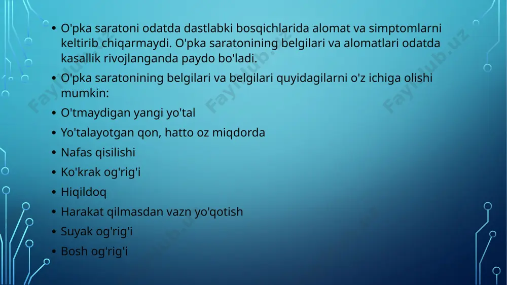 ko'krak qafasida to'plangan suyuqlik nafas qisilishiga olib kelishi mumkin. ko'krak qafasidagi suyuqlikni to'kish va plevra oqishi qayta paydo bo'lish xavfini kamaytirish uchun davolash usullari mavjud. sharsimon qorayishlar.shar,oval,yarimoval,yarimshar diametri 1.5smdan yuqori bo‘lgan qorayishlar.kista,o‘sma,tuberkuloma,pnevmoniya,metastazlar va o‘pkadan tashqari patologiyalarda (xaltalangan plevrit,o‘pka atrofi to‘qimalar o‘sma aksiyalari va hajmli tuzilmalar)uchraydi. bronxogen karsinomada -asimtomatik (10-50%),ko’proq periferik rakda markaziy rak simptomlari -yo’tal,xirillash,pnevmoniya. -qon tuflash,disfagiya periferik rak simtomlari -plevrit tufayli lokal og’riq,nafas yetishmaslik -pankost sindromi,yuqori kavak vena sindromi e‘tiboringiz uchun rahmat image2.png image3.jpeg image4.jpeg image5.jpeg image6.jpeg image7.jpeg image8.jpeg image9.jpeg image10.jpeg image11.jpeg image12.jpeg /docprops/thumbnail.jpeg