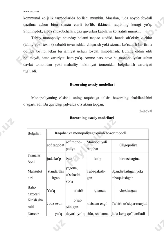 ng imkoni bo`lmaydi. ilgarilari asosan shunday bo`lgan bo`lsa ham keyingi vaqtlarda bozor sharoitlari o`zgarib, deyarli sof raqobat ta`kidlab o`tilgan darajada bo`lmaydi. bunga e`tibor berishning sababi shuki, hozirgi vaqtda ham bir necha tarmoqlardagi raqobat shu modelga xosdir. shu bi-lan birga sof raqobat oddiy holatni aks ettirib, bunda "daromad" va "xarajatlar" tushunchalaridan yaxshi foydalanish mumkin. sof monopoliyani olsak, bundagi eng muhim narsa mahsulot ishlab chiqarishning bir firma ixtiyorida bo`lishi va uning o`rnini oluvchining yo`qligi, ya`ni haqiqatan ham bozordagi tanholikdir. chunki, monopoliyaning barcha xususiyatlari shundan kelib chiqadi. bu modelning to`rt muhim tomonini ko`rsatish mumkin: 1) sotuvchi yakka, tarmoqning tengdoshi yo`q, chunki firma yakkayu-yagona; 2) sotiladigan mahsulot juda yuqori darajada bo`lib, undan yaxshirog`i yoki uning o`rnini bosadigani yo`q (ko`pincha ba`zi xomashyo va yangi mahsulot ta`minotchilariga xos); 3) monopolist bozorga o`z hukmini o`tkazadi, bahoni nazorat qiladi, tovarning bozorga kelishini o`z qo`lida ushlab turadi; 4) monopolist tomonidan raqiblar uchun bozorga kirish yo`li to`la to`siladi. bunda uning …