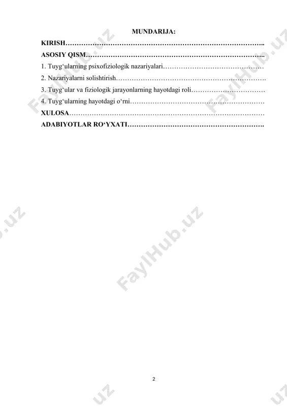 rdandir. talaba nazariy tushunchalarni real hayotdagi vaziyatlarga nisbatan qanday qo‘llash mumkinligini ko‘rsatadi. 4 yangi xulosalar va tavsiyalar ishlab chiqish: kurs ishi davomida olingan bilimlar asosida yangi xulosalar chiqarish va muayyan masalalar yuzasidan amaliy tavsiyalar ishlab chiqish talab etiladi. 5 ilmiy tadqiqot ko‘nikmalarini rivojlantirish: kurs ishi, ilmiy izlanishlar va tadqiqot olib borish ko‘nikmalarini rivojlantirishga xizmat qiladi. bu jarayon, talabani ilmiy ishlarni olib borishda mustaqil ishlashga, manbalarni tahlil qilishga va ilmiy ma'lumotlarni to‘plashga o‘rgatadi. 6 kritik fikrlashni rivojlantirish: kurs ishining yana bir maqsadi — talabalarni ilmiy adabiyotlarni, manbalarni va turli nuqtai nazarlarni tahlil qilib, o‘z fikrlarini asoslab va aniqlik bilan ifodalashga o‘rgatishdir. kurs ishining vazifalari. tuyg‘ularning nazariy asoslarini o‘rganish:tuyg‘u tushunchasi va uning psixologiya fanida tutgan o‘rnini aniqlash.psixofiziologik nazariyalar tarixini o‘rganish va rivojlanishini tahlil qilish.psixofiziologik nazariyalarni tahlil qilish:jeyms-lange, kannon-bard, shaxter-singer, izard va papez-maklin tizimi kabi nazariyalar mohiyatini o‘rganish.ushbu nazariyalarni o‘zaro solishtirish va ularning afzalliklari hamda kamchiliklarini tahlil qilish. 1 tuyg‘ularning fiziologik mexanizmlarini o‘rganish:limbik …