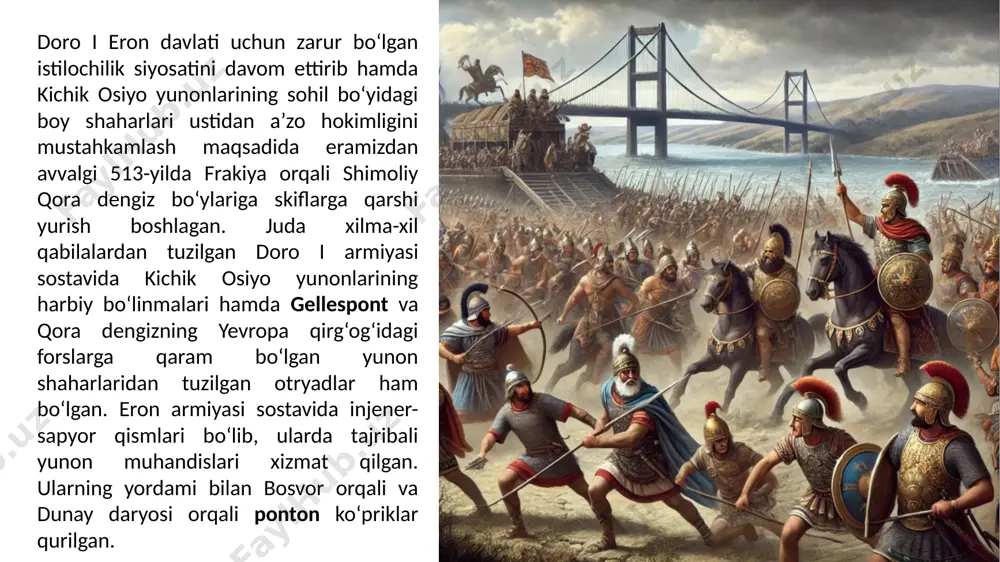 naksos orolida aristokratiyani qayta tiklashga va birato‘la orolni eronga bo‘ysundirib, podshoga xizmat ko‘rsatishga qaror qilgan. u naksos orolini zabt etish uchun yordam so‘rab doro i ga murojaat qilgan. lekin orolni istilo qilishga muvaffaq bo‘linmagan. shundan keyin, gerodotning aytishicha, aristagor doro і ning g‘azabidan qo‘rqib, miletga qaytib borgan va miletliklarni eron zulmiga qarshi qo‘zg‘olon ko‘tarishga da’vat etgan. miletda stixiyali qo‘zg‘olon eramizdan avvalgi 500-yilda boshlanib, kichik osiyo yunonlarining ko‘p shaharlariga tez yoyilgan. ioniya qo‘zg‘olonining dastlabki muvaffaqiyatlarga erishganligining sababi shu ediki, bu qo‘zg‘olon forslar uchun kutilmagan hodisa bo‘lgan, ularning kichik osiyoning g‘arbiy qismda yetarli harbiy kuchlari bo‘lmagan. qo‘zg‘olonchilar buni yaxshi tushunganlar. aristagor yordam so‘rash uchun bolqon gretsiyasining shaharlariga junab ketgan. lekin ular eron bilan to‘qnashuvdan qo‘rqqanlar. savdo-sotiq yo‘llarini forslar nazorat ostiga olishidan ayniqsa qo‘rqqan afina aholisida faqat ermiy. qo‘shinidan yordam berishga rozi bo‘lgan. u eron askarlariga qarshi 20 harbiy kemani yuborgan. bebeylan shahri eritreya shahri 5 kema yuborgan. bu orada qo‘zg‘olon butun kichik …