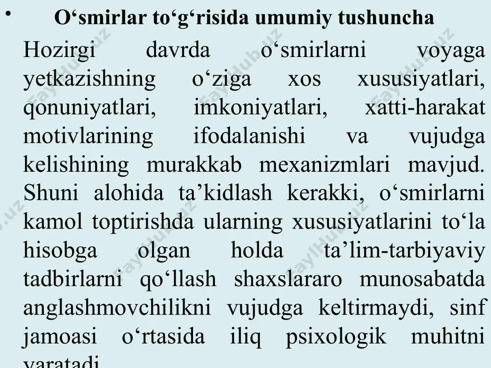 a alohida e’tibor berish zarur. o‘smirlar muammosiga e’tiborni kuchaytirish zarurligining asosiy sabablari: 1) fan va texnika rivojlanishi natijasida madaniyat, san’at va adabiyot, ijtimoiy-iqtisodiy shart-sharoitlarning o‘zgarayotgani; 2) ommaviy axborot tizimining kengayishi tufayli o‘smirlar ongliligi darajasining ko‘tarilgani; 3) o‘g‘il va qizlarning dunyo voqealaridan, tabiat va jamiyat qonunlaridan, tarixdan yetarli darajada xabardorligi; 4) ularning jismoniy va aqiiy kamoloti jadallashgani; 5) o‘smirlar bilan ishlashda g‘oyaviy-siyosiy, vatanparvarlik va baynalmilal tarbiyaga alohida yondashish zarurligi; 6) oshkoralik, ijtimoiy adolat, demokratiya muammolarining ijtimoiy hayotga chuqur kirib borayotgani; 7) o‘quvchilar uchun mustaqil bilim olish, ijodiy fikr yuritish, o‘zini o‘zi boshqarish, anglash, baholash va nazorat qilishga keng imkoniyat yaratilgani. o`smirlik davridagi psixologik muammolar psixolog s. xoll bu davrni "bo'ron va hujumlar davri" deb atagan, shaxsiy rivojlanishda ko'plab o'zgarishlar kuzatiladi va shaxsiy beqarorlikni asosiy xususiyat deb hisoblash mumkin. rivojlanayotgan bolaning xarakteri va xatti-harakatlarida nomuvofiqlik mavjud [5;162]. a.freyd o'smirlarning o'ziga xos xususiyatlarini qayd etadi: > birinchidan, o'smirlar xudbin, o'zlarini "olamning markazi" deb …