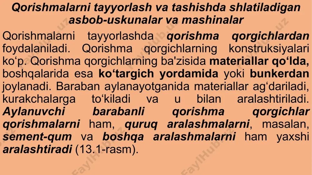 ordamida teng porsiyalarda truboprovod (5) ga o‘tkaziladi. bu yerda u ventilyator (2) dan keladigan havo oqimiga uchraydi va truboprovod (5) orqali kerakli joyga uzatiladi (13.2-rasm). 13.2-rasm.sochiluvchi materiallarni uzatuvchi qurilma sxemasi: 1-elektr dvigatel, 2-ventilyator, 3-qabul qilish bunkeri. 4-datchik, 5-truboprovod. qorishma nasoslari qorishmani qavatlarga yoki ish o‘rinlariga yetkazib berishda, shuningdek, uni turli yuzalarga chaplashda qorishma nasoslari, qorishma haydagichlar va turli qorishma o‘tkazgichlar (po‘lat yoki rezina) qo‘llaniladi. qorishma nasoslarining ko‘p konstruksiyalari mavjud, biroq diafragmali qorishma nasoslari eng ko‘p tarqalgan. hozirgi vaqtda so-69, so-49, so-48, so-10, so-58 markalardagi qorishma nasoslari ishlab chiqarilmoqda, ularning ish unumi 1, 2, 4 va 6 m3/soat. agar dastlabki to‘rtta qorishma nasosi bir plunjerli bo‘lsa, oxirgisi ikki plunjerlidir. qorishmani qanchalik uzoqqa yetkazib berish qorishma nasosining quvvatiga bog‘liq. ish unumi 4 m3/soat gacha bo‘lgan qorishma nasoslaridan qorishma yuzalarga chaplashda foydalaniladi, biroq qorishmani uzatishda ham ulardan foydalanish mumkin. juda kuchli qorishma nasoslari ko‘pincha qorishmani bino qavatlarida joylashgan oraliq bunkerlarga uzatishda, shuningdek, bir …