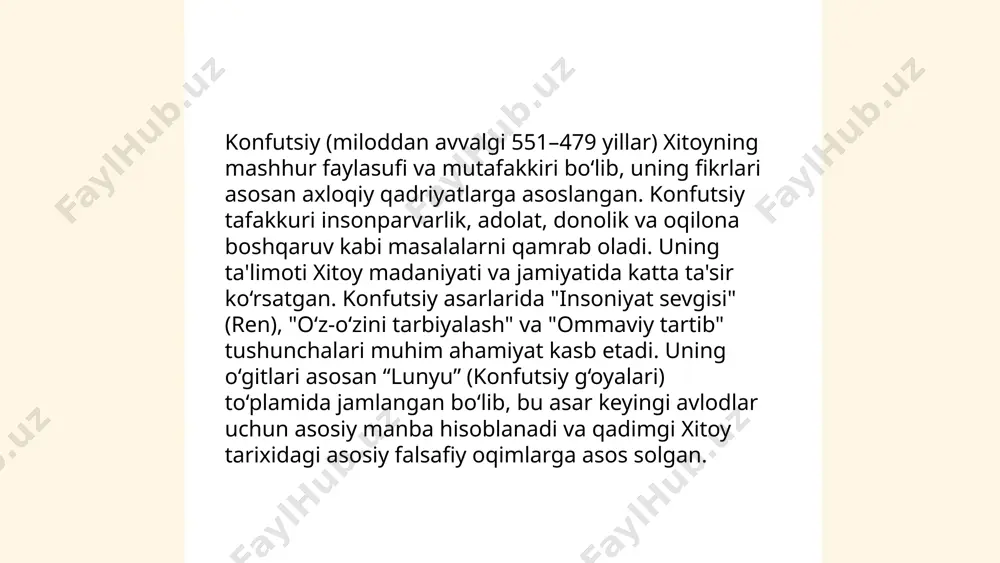 vojiga katta hissa qo‘shgan. ... t.me/slaydai_bot islom falsafasi ix va xii asrlar oralig‘ida musulmon olamida rivojlangan falsafiy tizimlarni o‘z ichiga oladi. bu falsafa asosan qur'on va hadisdan ilhomlanib, yunon falsafasini musulmon ilmi bilan uyg‘unlashtirdi. islom falsafasining asosiy namoyandalari al-kindiy (801–873), al-farobiy (872–950), ibn sino (980–1037), va al-g‘azzoliy (1058–1111) bo‘lib, ular bilimning cheksizligini tasdiqlab, inson aqiliga katta e'tibor qaratdi. islom falsafasida mantiq, metafizika, etika va tabiiy fanlar muhim o‘rin egallaydi. falsafa maktablari o‘sha davrda bag‘dod, qohira va kordova shaharlarida faoliyat yuritgan. ... t.me/slaydai_bot 10. suqrot va sharq ta'siri sokrat yoki suqrot (miloddan avvalgi 469–399 yillar) qadimgi yunon faylasufi bo‘lib, hozirgi zamon falsafasining asoschisi hisoblanadi. sharqda uning ta'siri, asosan, islomiy falsafa va o‘rta asrlar musulmon faylasuflariga sezilarli bo‘lgan. al-farobiy, ibn sino va ibn rushd kabi mashhur faylasuflar suqrotning dialektik usulidan ilhomlangan. sharq ta'sirida suqrotning axloqiy va ma'naviy qadriyatlari musulmon olimlari tomonidan yanada rivojlantirilgan. uning fikrlarining ahamiyati insoniyat tafakkurini chuqurroq o‘rganishda katta rol …
