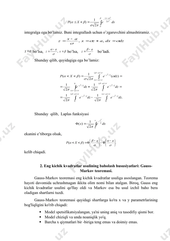 edatlikni aniqlash uchun quyidagi usullardan foydalaniladi: 1. qoldiqlarning grafik taxlili 2. spirmen rang korellyatsiya testi 3. gollfeld-kvandt testi 4. park testi 5. gleyzer testi mustaqil ishlash uchun nazorat savollari 1. styudent mezoni orqali nima baholanadi? 2. ishonch intervallari nima? 3. gomoskedatlik va geteroskedatlik nima? � https://spravochnick.ru/ekonometrika/teorema_gaussa-markova/#teorema-gaussa-markova _1820061461.unknown _1820061469.unknown _1820061477.unknown _1820061481.unknown _1820061483.unknown _1820061485.unknown _1820061486.unknown _1820061484.unknown _1820061482.unknown _1820061479.unknown _1820061480.unknown _1820061478.unknown _1820061473.unknown _1820061475.unknown _1820061476.unknown _1820061474.unknown _1820061471.unknown _1820061472.unknown _1820061470.unknown _1820061465.unknown _1820061467.unknown _1820061468.unknown _1820061466.unknown _1820061463.unknown _1820061464.unknown _1820061462.unknown _1820061457.unknown _1820061459.unknown _1820061460.unknown _1820061458.unknown _1820061455.unknown _1820061456.unknown _1820061454.unknown f x e x a ( ) ( ) = - - 1 2 2 2 2 s p s a a m x xf x dx xe dx x a ( ) ( ) ( ) = = -¥ +¥ - - -¥ +¥ ò ò 1 2 2 2 2 s p s s a x z - = x z a = + s +¥ = +¥ = …