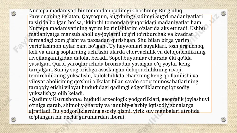 qir ustida joylashgan, umumiy maydoni 6ga bo‘lgan mug‘tepa o‘rnida joylashgan, deb e’tirof etilayotgan kurukada - kiropol haqida aynan yuqorida zikr etilgan manbalar xabar beradi. bu ma’lumotlarga ko‘ra, shahar uncha baland bo‘lmagan devor (tuproqqo‘rg‘on) bilan o‘rab olingan. shahriston ham alohida mudofaa devoriga ega bo‘lgan. arxeologiya manbalari bo‘yicha mug‘tepada hayot milodiy eradan oldingi v asrda boshlangan. ustrushona va farg‘ona sarhadlaridagi sirdaryo qirg‘og‘ida, hozirgi xo‘jand shahri hududida milodiy eradan oldin vi-v asrlarda asos solingan yana bir aholi makoni aniqlangan. bu erdagi mudofaa istehkomlari, devorlar, me’moriy inshootlar qoldiqlari arxeologik nuqtai nazardan o‘rganilgan. 2. shimoliy ustrushonada keyingi yillarda ochilgan arxaik davrlarga oid xontepa va sag‘anaqtepa i,ii tabiiy-geografik jihatdan vohaning qadimgi yodgorliklari tizimini to‘ldiradi va qurilish hamda faoliyat ko‘rsatish davriy sanasi bo‘yicha (mil. er. avv. vi - v asrlar) tarixiy uzviylikni ta’minlaydi. hozirgi paytda yuqorida qayd etilgan qadimgi ustrushona aholi punktlarining barchasi ma’lum arxeologiya yodgorliklari bilan bog‘langan. bular hovatog‘dagi nurtepa, kurkatdagi shirin, o‘ratepadagi mug‘tepa, xo‘janddagi aholi …