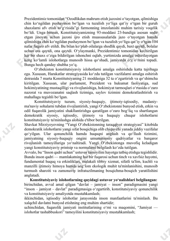 iyatda raqobat muhiti paydo bo‘ladi, ijobiy o‘zgarishlar va yangilanishlar sur’atlari jaddalashadi. bosh qomusimizning 13 moddasida o‘zbekiston respublikasida demokratiya umuminsoniy prinsiplarga asoslanishi, ularga ko‘ra inson, uning hayoti, erkinligi, sha’ni, qadr-qimmati va boshqa daxlsiz huquqlari oliy qadriyat hisoblanishi, demokratik huquq va erkinliklar konstitutsiya va qonunlar bilan himoya qilinishi belgilab qo‘yilgan. shu jihatdan, inson huquq va manfaatlarini ta’minlash bo‘yicha barcha sohalarda, ayniqsa, sud-huquq tizimida chuqur islohotlar amalga oshirilmoqda. so‘nggi to‘rt yilda 2 ming 600 nafar fuqaroga nisbatan oqlov hukmi chiqarilib, 2 ming 400 nafar shaxs sud zalidan ozod qilingani, 7 ta sud bosqichi 3 bosqichga keltirilib, sud tizimi “bir sud – bir instansiya” tamoyili asosida qayta tashkil etilayotgani fikrimizni isbotlaydi. yana bir quvonarli jihati shuki, uzoq vaqt fuqarolikka ega bo‘lmay kelgan insonlar bugungi kunda o‘zlarini to‘laqonli o‘zbekiston fuqarolari deb his etmoqda. o‘tgan yigirma besh yilda 482 nafar shaxsga fuqarolik berilgan bo‘lsa, bugungi kunda 50 mingdan ziyod kishi shu huquqqa ega bo‘lmoqda. bugun o‘zbekistonda …