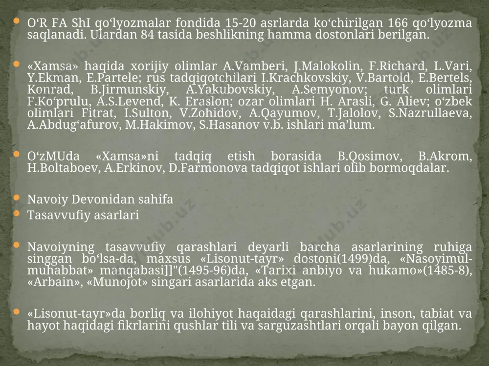 , kichik osiyo va eron, yettinchi va sakkizinchi majlislarda temuriylar sulolasiga mansub ijodkor shoh va shahzodalar haqidagi maʼlumotlar jamlangan. asar fahriy hirotiy(1521-22), muhammad qazviniy(1522-23), shoh ali abdulali (1598) tomonidan uch marta fors tiliga tarjima qilingan. navoiy «muhokamatul-lug`atayn» asarini oʻz zamonidagi turkiy lahjalar, ziyolilar nutqi, badiiy va ilmiy asarlarning leksik-grammatik xususiyatlarini forsiy til xususitlari bilan qiyoslashga bagʻishladi. jonli xalq tilida qoʻllanilgan koʻplab soʻzlarni asarga kiritib, adabiy tilda qoʻllanilishiga sababchi boʻldi. oʻzigacha ishlatilgan soʻzlarni yangi maʼno qatlamlarini ochdi. oʻzbek tili grammatikasini mahmud koshgʻariydan soʻng ilmiy asosga soldi. oʻzbek tilining badiiy va estetik imkoniyatlari kengayishiga sababchi boʻldi. fors va turk tillarida yaratilgan eng yirik va eʼtiborli asarlarga murojaat qildi, shoir va olimlarni til istiqloli uchun kurashga chorladi. aruz nazariyasiga bagʻishlangan «mezonul-avzon»(1492) asarida arab va fors aruzi qoidalarini turkiy tilda aniq va ravon tushuntirdi. turk yozma va ogʻzaki sheʼriyati namunalarining vazn xususiyatlarini oʻrgandi. turkiy aruz tabiatini yoritish bilan birga turk sheʼriyati murakkab aruz tizimini …
