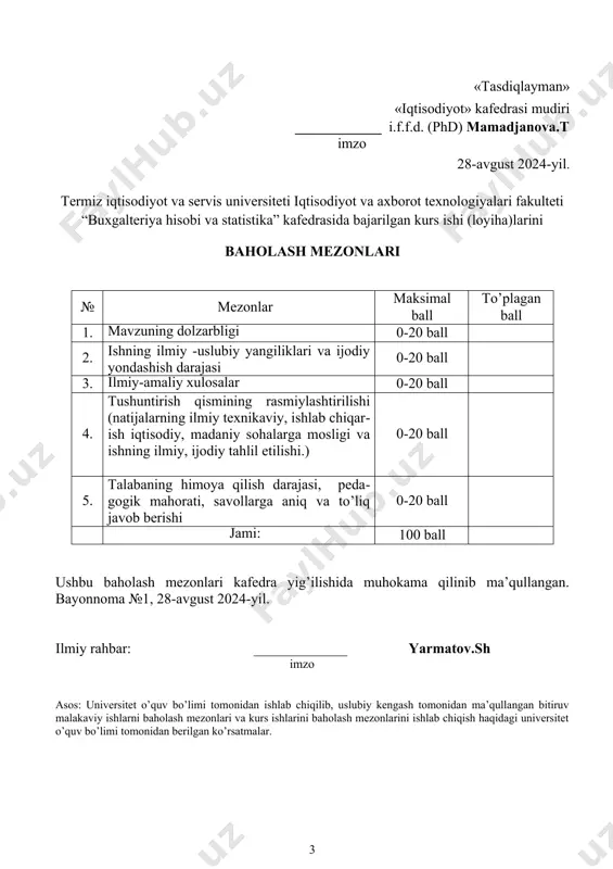 __________________________________ kurs ishi paragraflarini bajarilish sanasi va unga qo’yilgan baholar: t/r 1 2 3 4 5 himoya sana baho ilmiy rahbar: _____________ yarmatov.sh imzo termiz iqtisodiyot va servis universiteti iqtisodiyot va axborot texnologiyalari fakulteti 60310100 – “iqtisodiyot (tarmoqlar va sohalar bo`yicha)” ta’lim yo’nalishi sirtqi ta’lim shakli 2-kurs s.iqt-25-23-guruh talabasi abdullayev alijon panji o’g’lining “milliy hisoblash tizimi” mavzusida yozgan kurs ishiga t a q r i z “milliy hisoblash tizimi” mavzusida yozgan kurs ishi: kirish, asosiy qism uning tarkibidagi rejalar, xulosa va takliflar, foydalanilgan adabiyotlar ro’yxatidan iborat. kurs ishining kirish qismida mavzuning dolzarbligi, ishning o’rganganlik darajasi, kurs ishining maqsad va vazifalari, ishning nazariy va uslubiy asoslari ko’rsatib berilgan. kurs ishining asosiy qismi to’rtta rejadan iborat bo’lib: 1. milliy hisoblash tizimining nazariy asoslari 2. milliy hisoblash tizimining tarkibiy tuzilmasi 3. o‘zbekiston milliy hisoblash tizimining rivojlanish bosqichlari 4. milliy hisoblash tizimini takomillashtirish yo‘nalishlari. kurs ishining xulosa va takliflar qismida asosiy qismida tahlil qilingan …