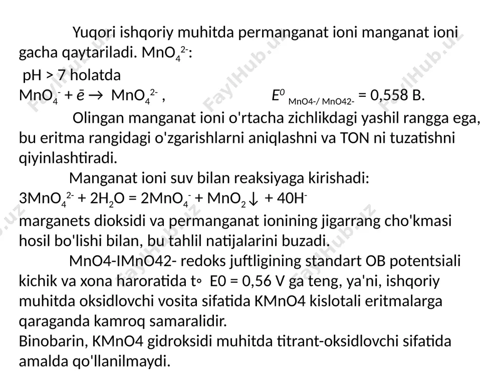 ori qiymati ko'p miqdordagi moddalarni aniqlash imkonini beradi; 4) kaliy permanganat mavjud va nisbatan arzon. metodning kamchiliklari: aniq namunadan foydalangan holda standart titrant eritmasini tayyorlashning mumkin emasligi, saqlash vaqtida uning beqarorligi, mos keladigan analitik usul bilan tartibga solinadigan titrlash shartlariga qat'iy rioya qilish zarurati (isitish va usulda tasvirlangan shartlarga qat'iy rioya qilish ko'pincha zarur). 3. dixromatometriya usul titranti: k2cr2o7 – birlamchi standart eritma; ch3cooh (muz sirka) tarkibidagi cro3. usulning reaksiyasi: cr2o72- + 14h+ + 6e = 2cr3+ + 7h2o e =1,33 b muhit : kislotali (sulfat,xlorid yoki ortofosfat). indikatorlar: - ichki ok-qayt. indikatorlar: difenilamin, n-fenilantranil kislota, difenilaminosulfon kislotasi - xemiluminesans (siloksen) - tashqi ok-qayt. indikatorlar : leykometilen ko'k. aniqlangan moddalar: qaytaruvchi moddalar - to'g'ridan-to'g'ri titrlash: fe2+, so32-, i-, aso33-, askorbin kislota, glitserin, ch3oh; oksidlovchi moddalar - qayta titrlash: no3-, clo3-, mno4- va boshqalar. dixromatometriyaning afzalliklari: k2cr2o7 - birlamchi standart eritma - vaqt o'tishi bilan barqaror; cl- ishtirokida titrlash mumkin. cr2o72- …