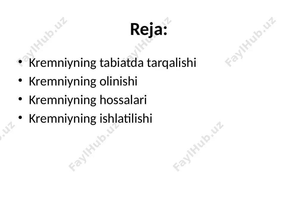 ishi 18000s gacha chidamli modda kislotali oksid xossasiga ega suvda erimaydi. kremniy oksidi yuqori temperaturada kislotali oksidlarni ularning tuzlaridan ajratib chiqaradi: k2so4 + sio2 k2sio3 + so3 mgco3 + sio2 mgsio3 + co2 kremniy kislotalari kremniyning kislotalari juda kuchsiz, ortosilikat h4sio4 va metasilikat h2sio3 kislotalari mavjud ular suvda erimaydi silikat kislota tuzlaridan ishqoriy metallar silikatlari eruvchandir bu tuzlarga xlorid yoki sulfat kislota ta’sir ettirilsa, silikat kislota cho’kma xolatida ajralib chiqadi: na2sio3 + h2so4 na2so4 + h2sio3(chukma) natriy va kaliy silikatlari suyuq shisha deb ataladi, ular yelim (kley) sifatida ishlatiladi eruvchan shishalar quyidagi reaktsiyalar yordamida olinadi: sio2 + naoh na2sio3 + h2o sio2 + k2co3 k2sio3 + co ishlatilishi ishqoriy metallar oksidlari li2o, cs2o bilan alyuminiy oksidi qo’shib xilma-xil xossali sitallar olinadiki, ular optik tiniqlik, radiotiniklik, radiatsiya ta’siriga befarq xossalarga ega. sitallardan truboprovodlar, elektroizolyatorlar, teleskoplar, ximiyaviy reaktorlar, uy-ruzg’or buyumlari va xokazolar tayyorlanadi. silikat kislotaning tabiatda xosil buluvchi turlari seolitlar va silikogellar …