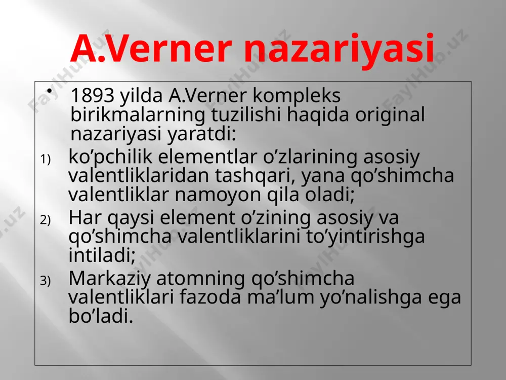 gandning koordinatsion sig’imi deb ataladi. masalan, k4[fe(cn)6] da cn- ionining koordinatsion sig’imi 1 ga teng, chunki bir cn- ioni temir ioni atrofidagi oltita o’rindan faqat bitatsini band qiladi. k4[fe(s2o3)3] da s2o32- ionining koordinatsion sig’imi 2 ga teng. a.verner nazariyasining 3-bandi komplekslar tuzilishini stereokimyoviy jixatdan oydinlashtirdi. verner komplekslarning fazoviy tuzilishini aniqlashda ayni kompleksning nazariya asosida topiladigan izomerlari sonini uning haqiqatan mavjud bo’lgan izomerlari soni bilan taqqoslash metodidan foydalandi. verner fikricha, ks=6 da 6 ta ligand madan bir xil uzoqlikda joylashadi. tekislikdagi oltiburchak shaklida; fazoda trigonal prizma shaklida; fazoda oktaedr shaklida bo’lishi mumkin. bir dentantli ligandlar – markaziy atom atrofida 1ta koordinatsion nuqtani egallaydi, yoki markaziy ion bilan ligand bitta bogʻ bilan bogʻlangan. bularga bir zaryadli kislota qoldiqlari (ci, i, f, no3 , no2 ) neytral molekulalar (h2 o nh3 )hamda gidroksid ion oh-misol boʻladi. ligandlar dentantligiga ko’ra 3 ga bo’linadi ikki dentantli ligandlar – markaziy atom atrofida 2ta koordinatsion nuqtani egallaydi, …