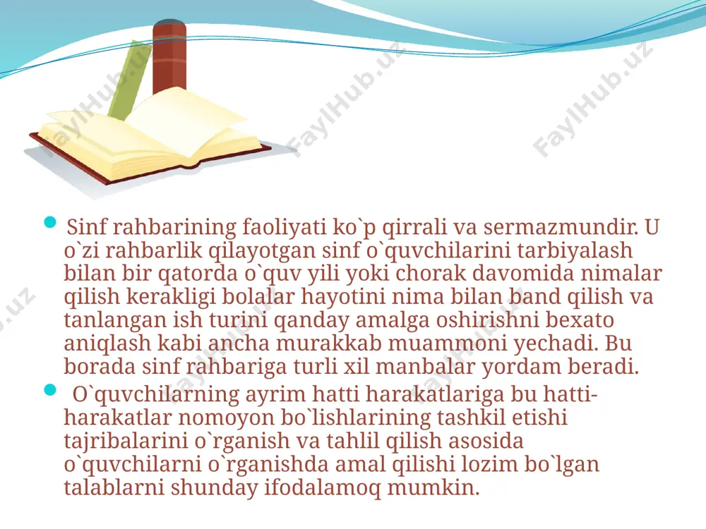 i, tarbiyachilik qobilyati juda ko`p sifatlarni: chuqur bilim, keng fikrlilik, ishga jon dildan ko`ngil qo`yish, bolalarga bo`lgan cheksiz, muhabbat muomala nazokatlilik, qalb yoshligi, serzavq temperament, oqil va adolatlilik namunasi, alohida nazokat sipolik va vazminlik kabi fazilatlarning bo`lishini taqozo qiladi. bunga yana tarbiyachilik texnikasi qo`shimcha ishda muvaffaqiyat ta`minlanishi tabiiydir. tarbiyachilik texnikasi sinf rahbarining asosiy qurolidir. sinf rahbari o’quvchilarning o’z-o’zini boshqaruv organlari bilan hamkorlikda ish olib borishi uchun, avvalo ularning faoliyat ‘irralari va boshqalar bilan ya’indan tanishgan bo’lishlari kerak. o’z-o’zini boshqarish organlari faoliyatining asosiy boshqalar kuyidagilardan iboratdir: 1. o’quvchilarni reproduktib boshqalar ucun bilgan qanchalik-xil faoliyatga jalb etish. ijtimoiy-foydali faoliyat doirasini kengaytirish (navbatichilik, o’z-o’ziga xizmat ko’rsatish, ijtimoiy-foydali mehnat sohasidagi vazifalarni belgilash va hok). 2. o’quvchilarni qanchalik-xil ijodiy faoliyatga-g’oyaviy-siyosiy, o’quv, mehnat, sport, badiiy faoliyatga jalb etish. har bir o’quvchiga o’ziga yo’qan, kerakli va ijtimoiy ahamiyatli ishni toptirish. 3. o’quvchilarning to’garak, bilim, klub rahbarllari, bolalar va yoshlar tashkilotlari faollari, yordamchilar, maslahatchilar, siyosiy axborotchilar vazifalarini bajarish. …