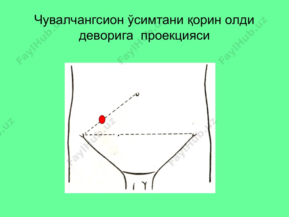 ashganda dizuriya – retrotsekal joylashganda og'iz qurishi, qorinning dam bo'lishi – peritonitda o'tkir appenditsitni lokal simptomlari voskresenskiy («ko'ylak») – ko'ylak ustidan sirpanuvchi harakat qilganda o'ng yonbosh sohada og'riqni kuchayishi rovzing – chap yonbosh sohada perkussiya qilganda o'ng yonbosh sohada og'riqning kuchayishi razdolskiy – o'ng yonbosh sohani perkussiyasida shu sohada og'riq bo'lishi sitkovskiy – chalqancha yotgan holatdan chap yonboshga burilaganda, o'ng yonbosh sohada og'riqni kuchayishi bartome-mixelson – bemor chap yonboshda yotganda, o'ng yonbosh sohani palpatsiyasi og'riqqa olib keladi koxer-volkovich – og'riqni epigastriydan o'ng yonbosh sohaga ko'chishi o'tkir appenditsitni umumiy simptomlari og'iz qurishi va tilni oq karash bilan qoplanishi taxikardiya subfebril temperatura echt oshishi leykotsitoz leykoforulani chapga siljishi bilan qorin bo'shlig'ini ultratovushli tekshiruvi qorin bo'shlig'idagi erkin suyuqlik diagnostik laparoskopiya to'g'ridan – to'g'ri qorin bo'shlig'idagi patologik jarayonni, shu jumladan o'tkir appenditsitni, aniqlashga yorda beradigan usul dyakonov-volkovich bo'yicha kesma kesmani bosqichlari aponevrozni kesish muskullarni ochish qorin pardani kesish operatsiya bosqichlari ko'r ichak gubazini chiqazish …