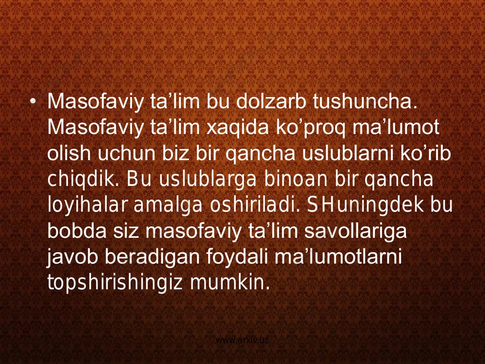 okazo. • -rejalilik. o’quv qurollaridan texnik jihozlar, transport jihozlaridan foydali ravishda foydalanish, ta’limga oid ma’lumotlar bir joyda to’plash va bir xil shaklga keltirish. www.arxiv.uz • -o’qituvchining yangicha yondashuvi. masofaviy ta’lim o’qituvchining rolini shakllantiradi va yangilaydi, shuningdek bilim jarayonini muvofiqlashtiradi, kurslarga dars berishida malakasini oshirib boradi. • masofaviy ta’lim sifati kunduzgi ta’lim sifatini tushirmaydi, malakali professor o’qituvchilar jamoasini tuzishda va ta’lim jarayonida ilg’or o’quv uslubiy nashrlari va testlarni qo’llashda ko’maklashadi. • “masofaviy ta’lim” biror bir muhim texnologiya bilan rivojlanmaydi, u ta’lim usulini tasvirlaydi, bu narsa ta’lim olayotgan talabani sinfda yaxshi natijaga erishishiga yordam beradi. www.arxiv.uz www.arxiv.uz masofaviy ta’lim usullari. • masofaviy ta’lim tizimiga quyidagi muhim usullar kiradi: • - o’qituvchilar ishtirokida boshqa talabalarni o’qitish jarayoniga jalb qilish usuli. bu usulni rivojlantirishda mulьtimedia yondashuvi muhim. • bular: elektron jurnallarining interaktiv ma’lumotlar bazasi; • kompьyuter o’rgatuvchi dasturlar, elektron kitoblar, dastur va apparatlar tizimining stimulyatori. • -yakka holda ta’lim berish usuli, bunga bir talaba …